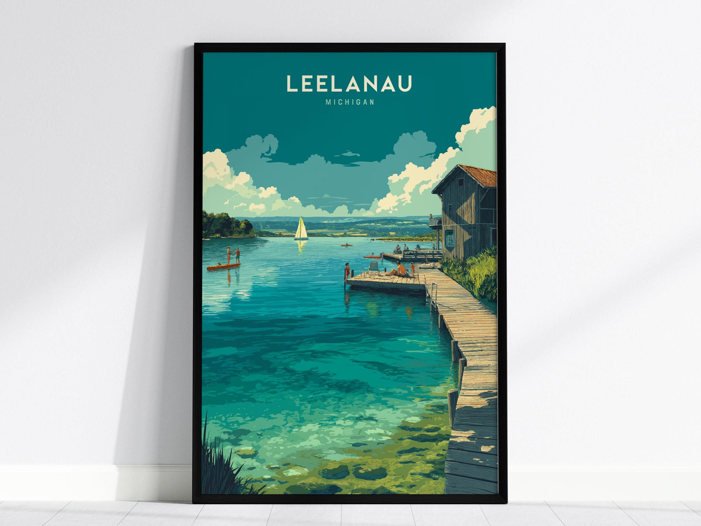 Leelanau Michigan Lake Rustic Dock & Sailboat Framed Unframed Travel Print Wall Art