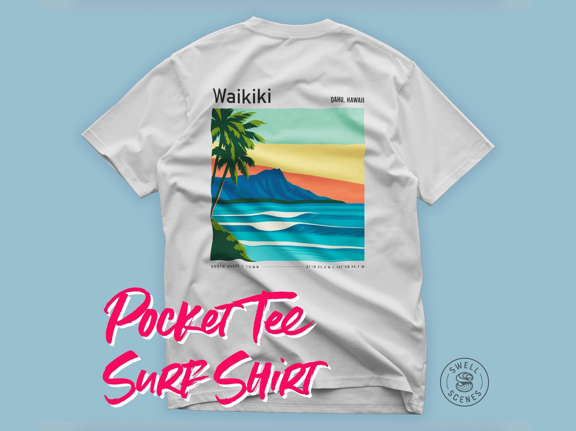 Waikiki surf shirt front view showing vintage Hawaii South Shore design with pocket and relaxed fit surf tee