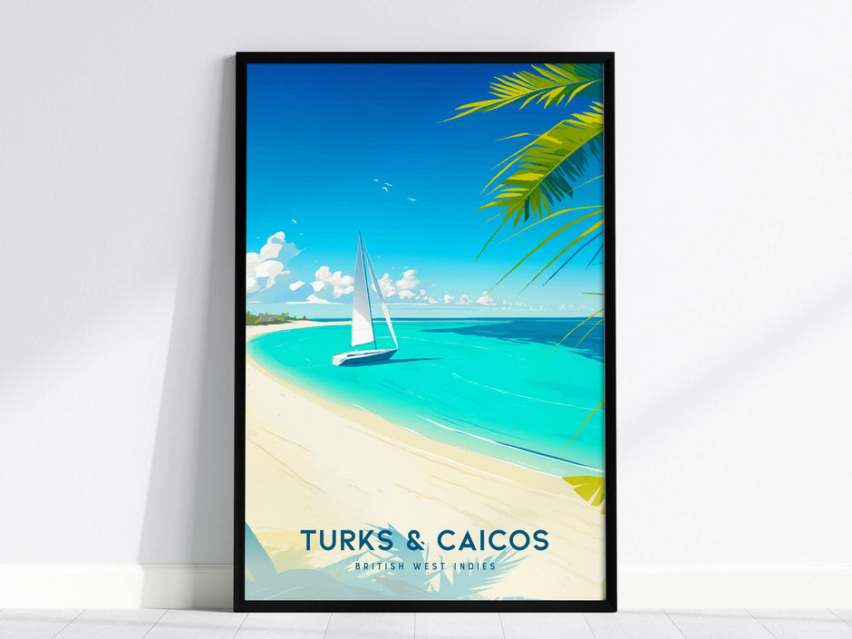 Turks Caicos Grace Bay poster in black wood frame showing Caribbean luxury beach with turquoise ocean art