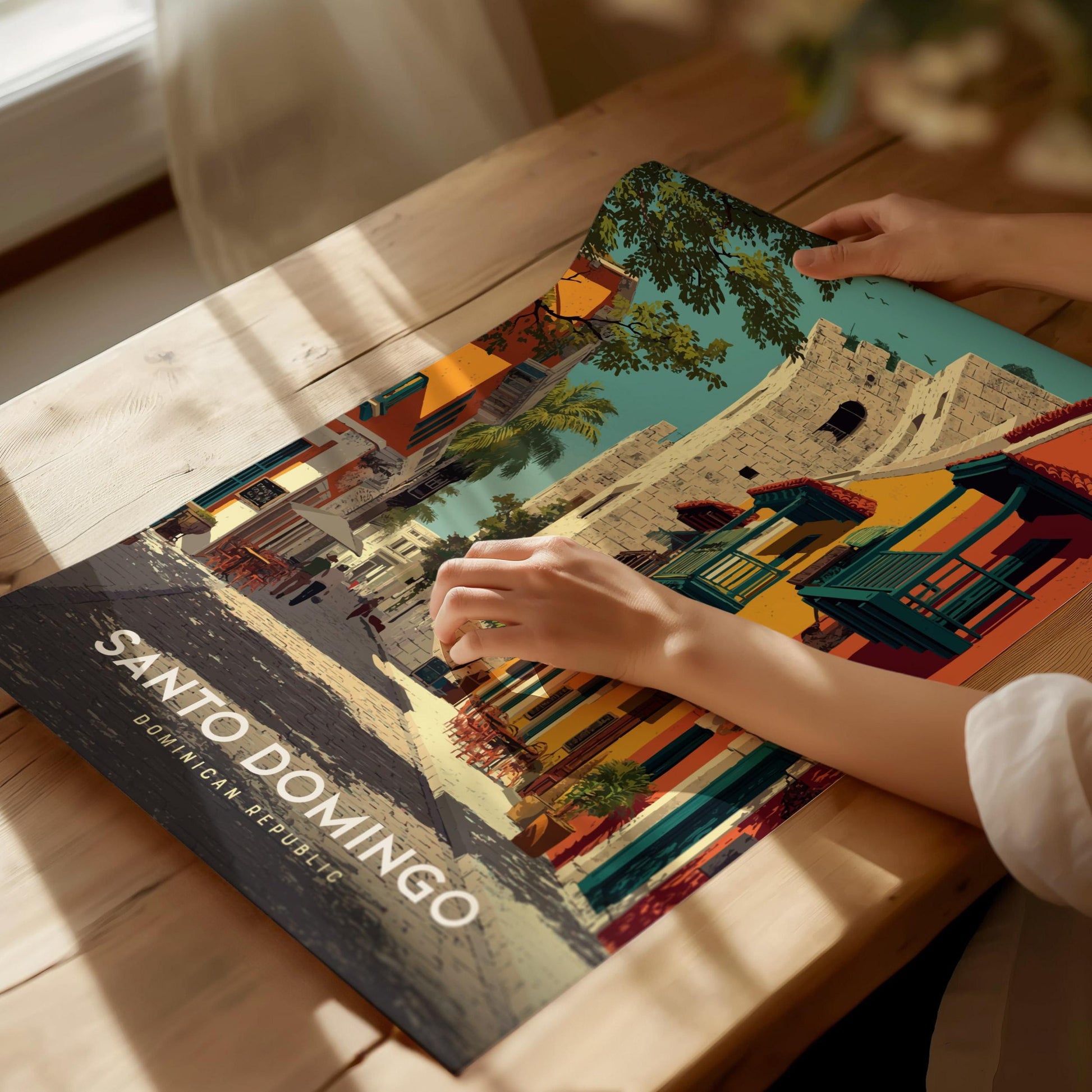 Person assembling a puzzle of Santo Domingo with colorful Dominican Republic-themed pieces.