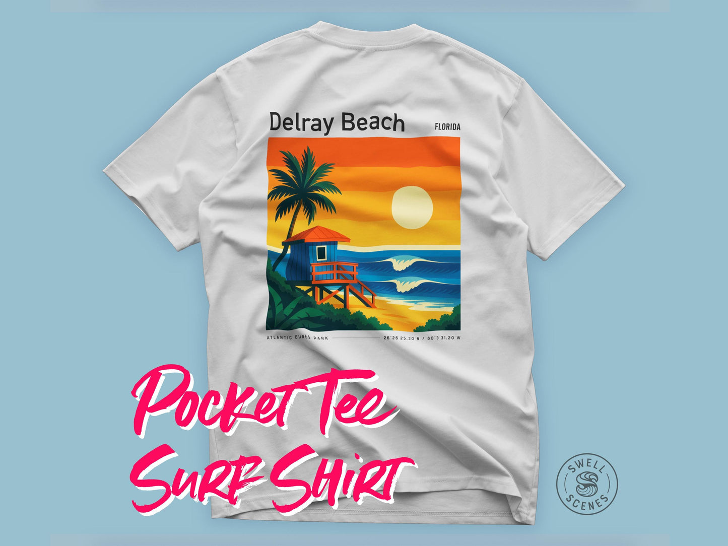 Delray Beach Florida Vintage Surf Shirt Pocket Tee Atlantic Dunes Park Surfer Classic T-Shirt Gift Surfing Design FL Coastal Wear Apparel