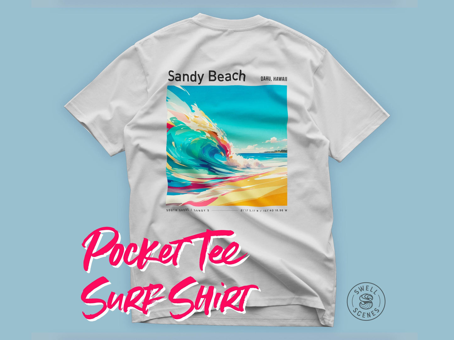 Sandy Beach Oahu Hawaii Vintage Surf Shirt Pocket Tee Classic Bodyboarder Surfer T-Shirt Gift Surfing South Shore HI Beach Wear Apparel