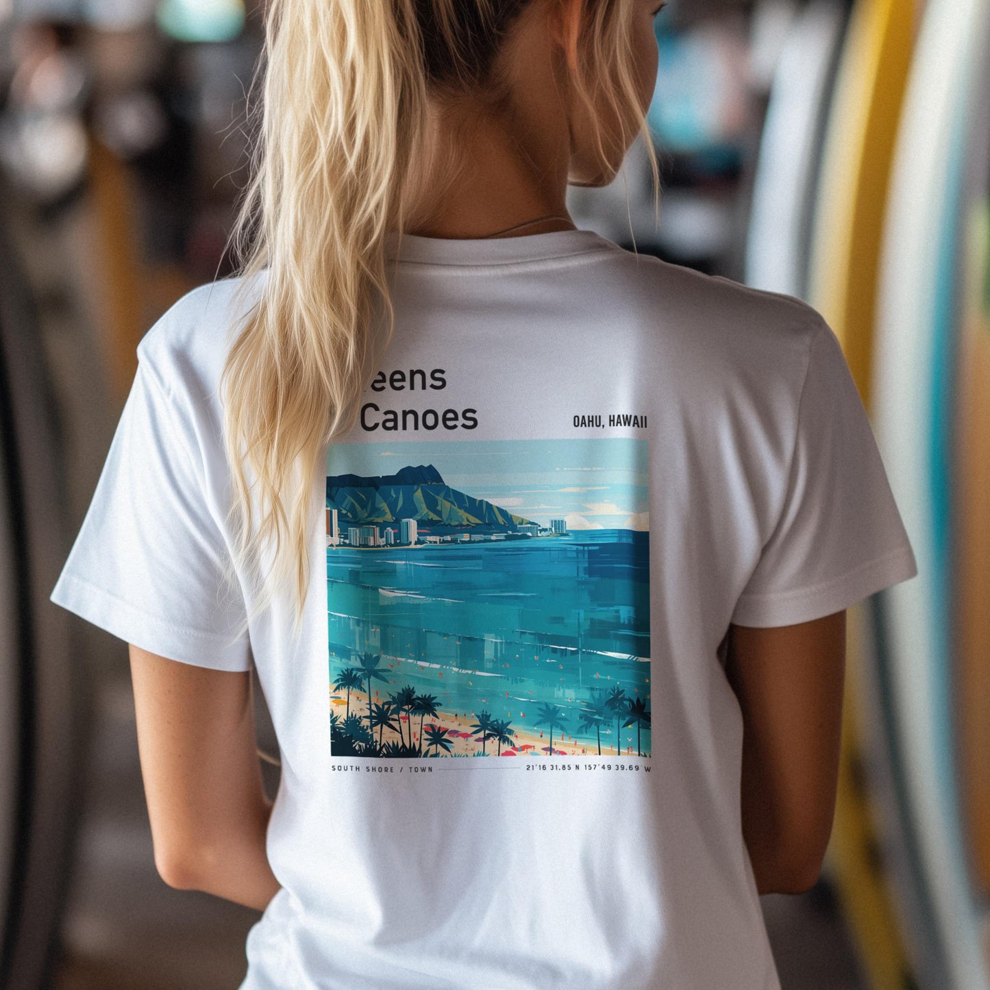 Queens & Canoes Waikiki Oahu Hawaii Vintage Surf Shirt Pocket Tee