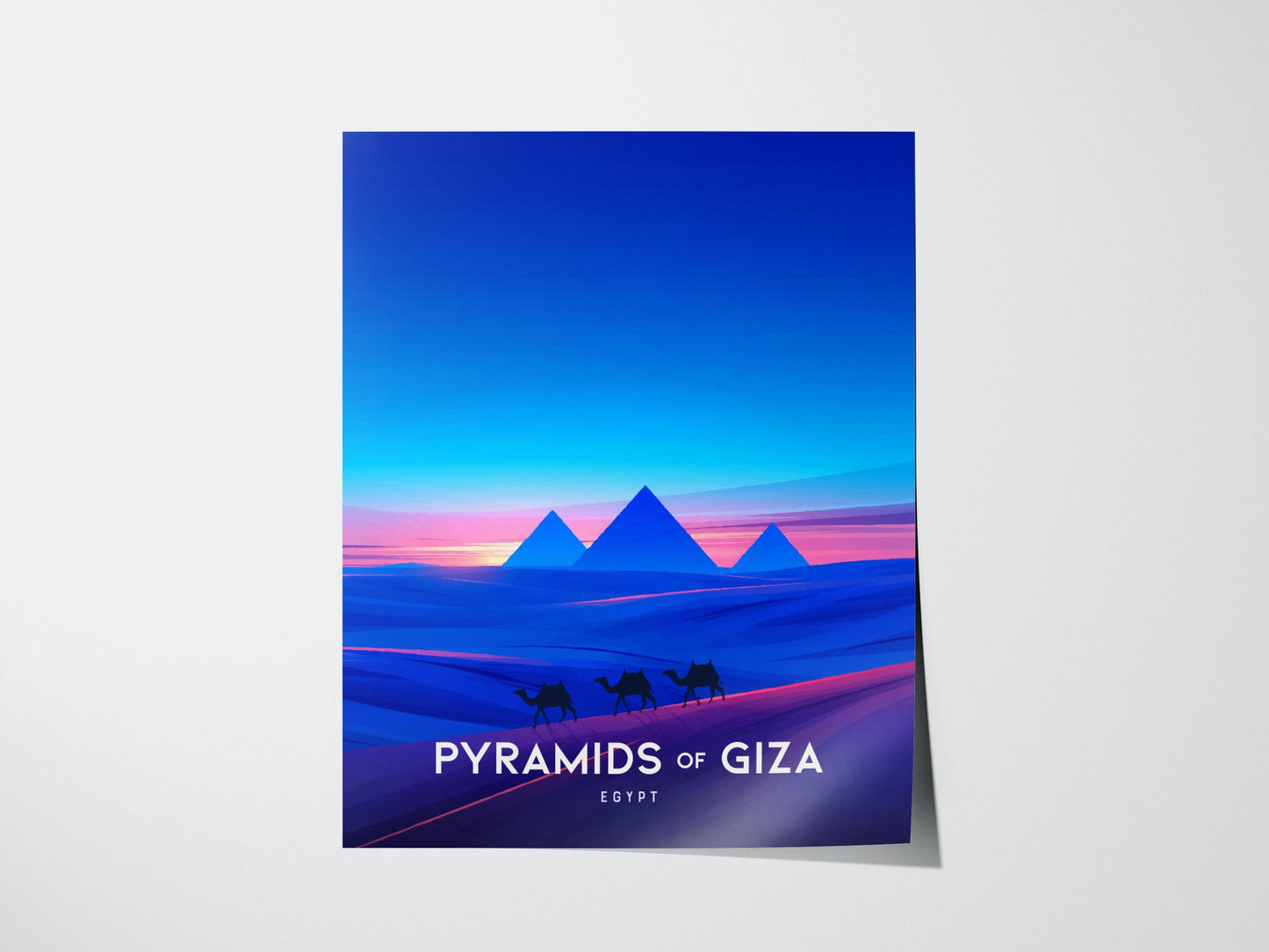 Pyramids of Giza Egypt World Wonders Camels at Dusk Framed Unframed Travel Print Wall Art