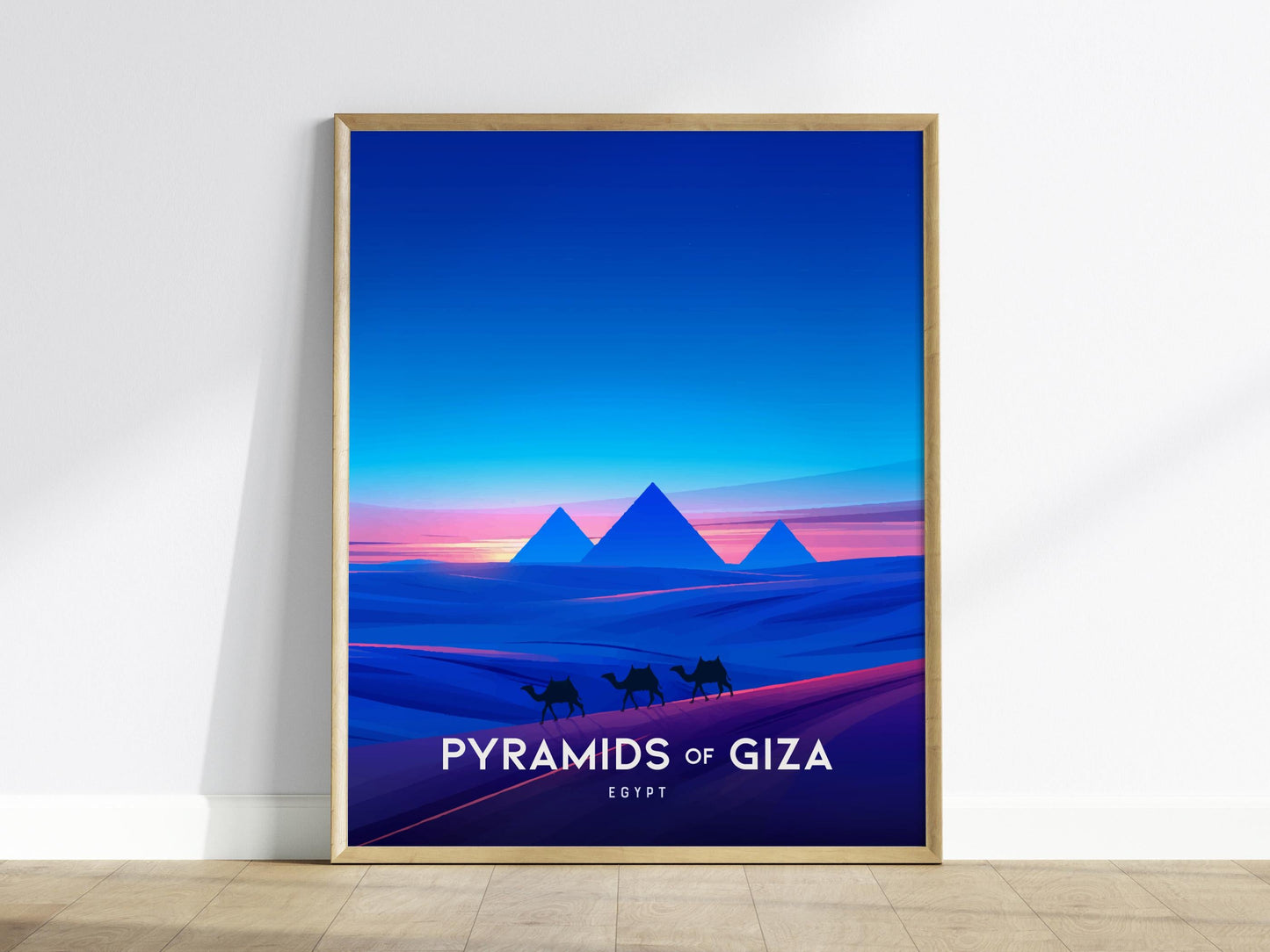 Pyramids of Giza Egypt World Wonders Camels at Dusk Framed Unframed Travel Print Wall Art