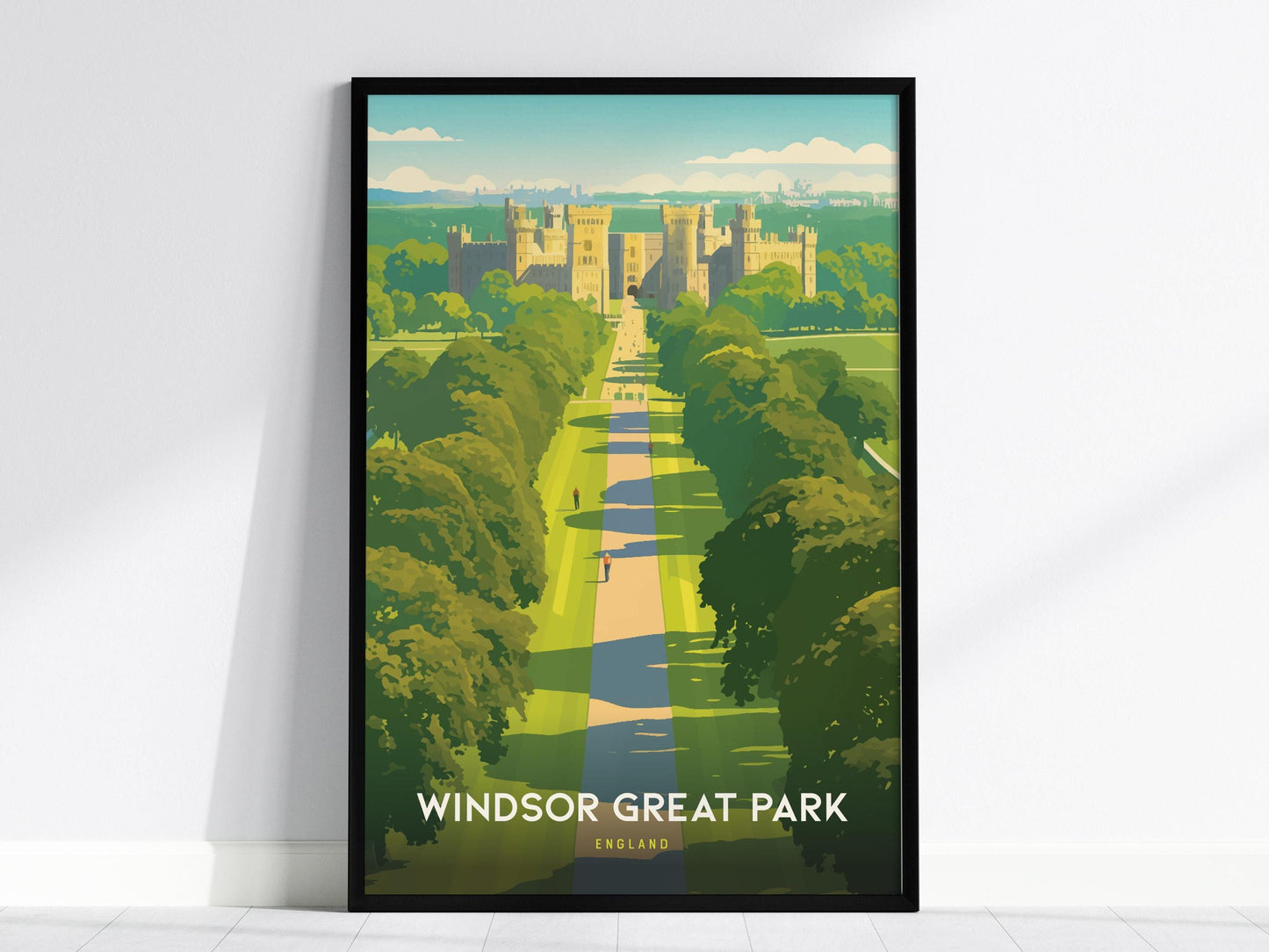 Framed poster of Windsor Great Park with a castle in the background on a white wall.