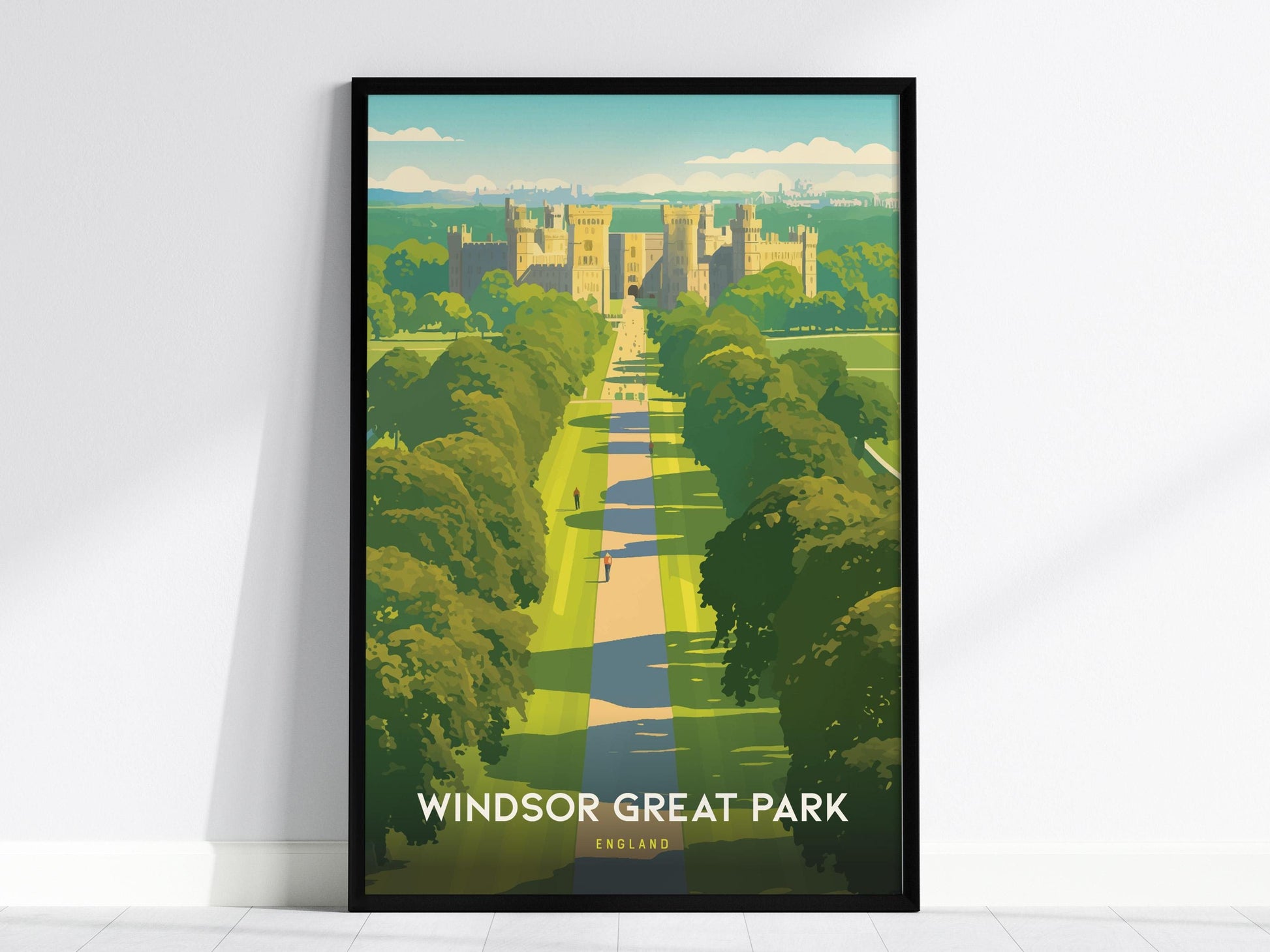 Framed poster of Windsor Great Park with a castle in the background on a white wall.