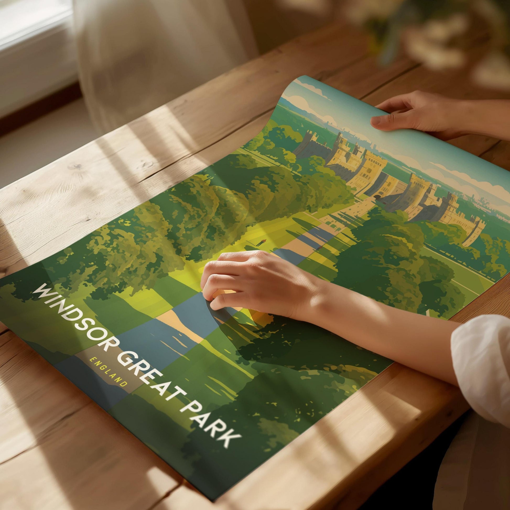 Windsor Castle poster featuring royal palace and Long Walk through Great Park with bold colorful England heritage wall art