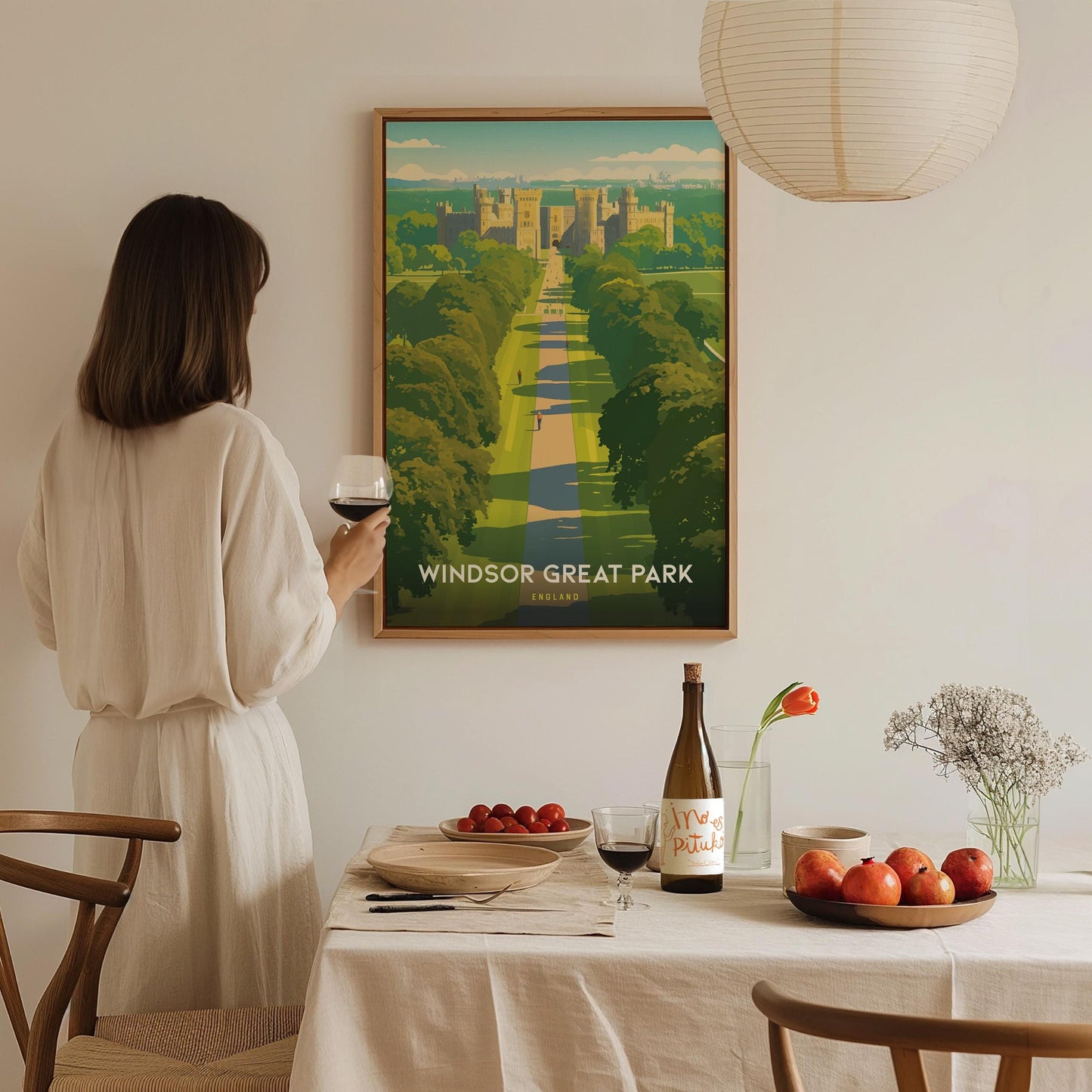 Windsor Castle poster featuring royal palace and Long Walk through Great Park with bold colorful England heritage wall art