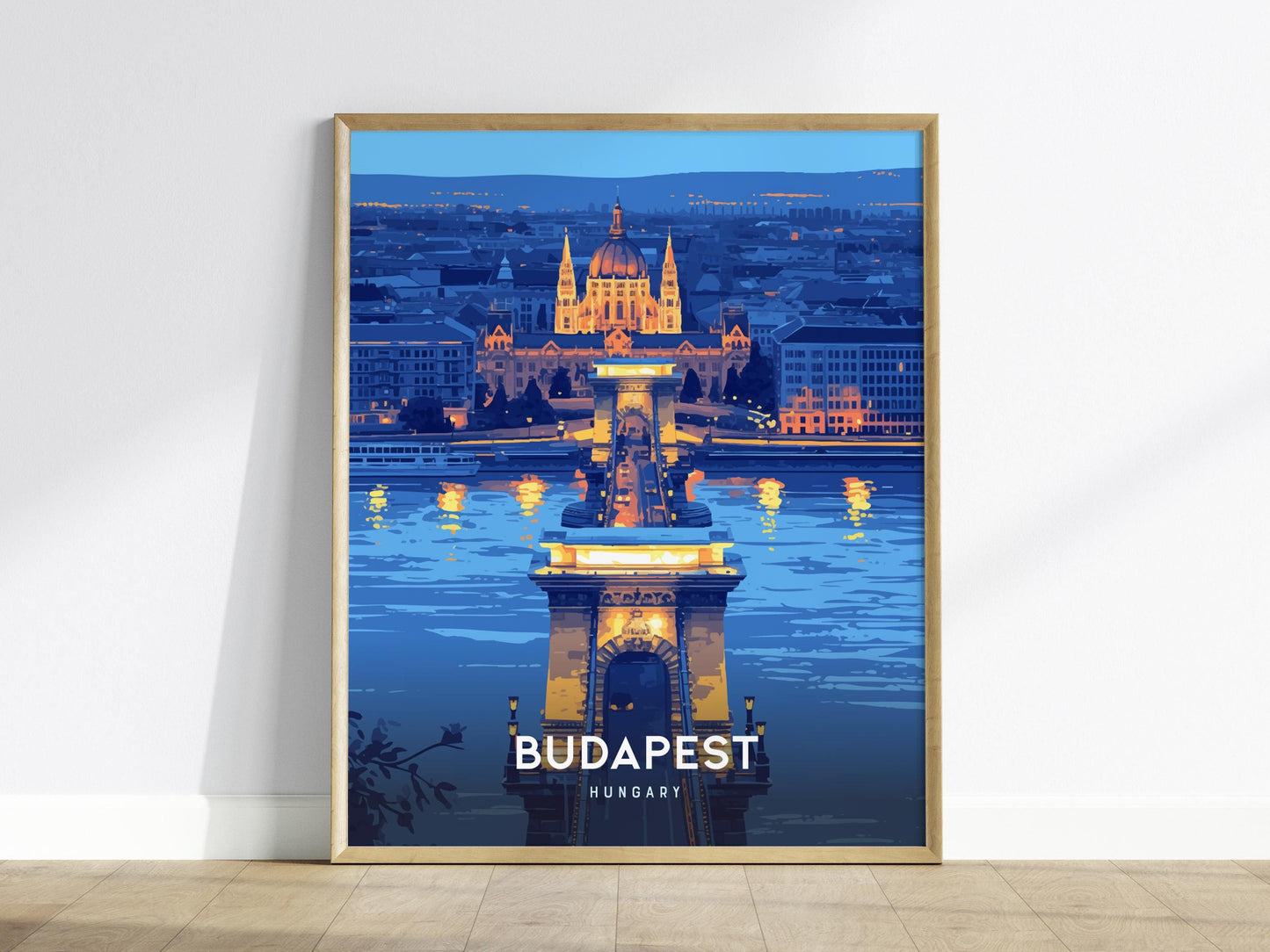 Budapest Chain Bridge Hungary Night Skyline Framed Unframed Travel Print Wall Art