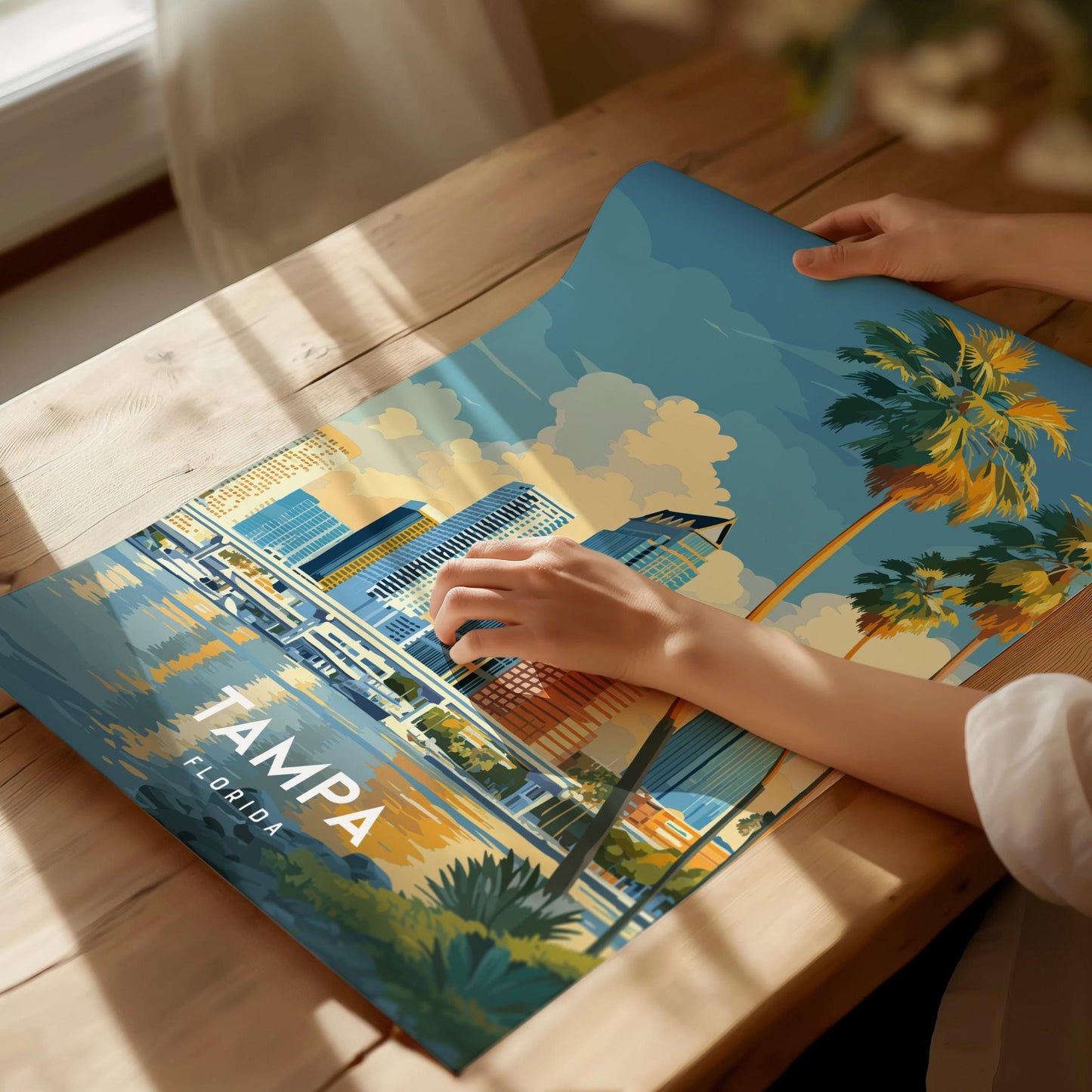 Person holding a travel poster of Tampa, Florida on a wooden table.