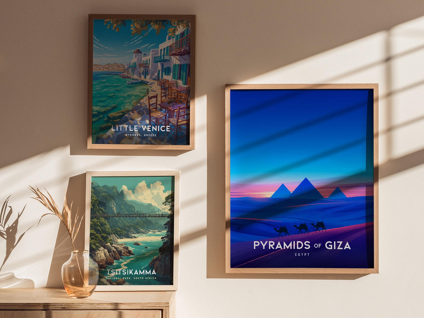 Pyramids of Giza Egypt World Wonders Camels at Dusk Framed Unframed Travel Print Wall Art