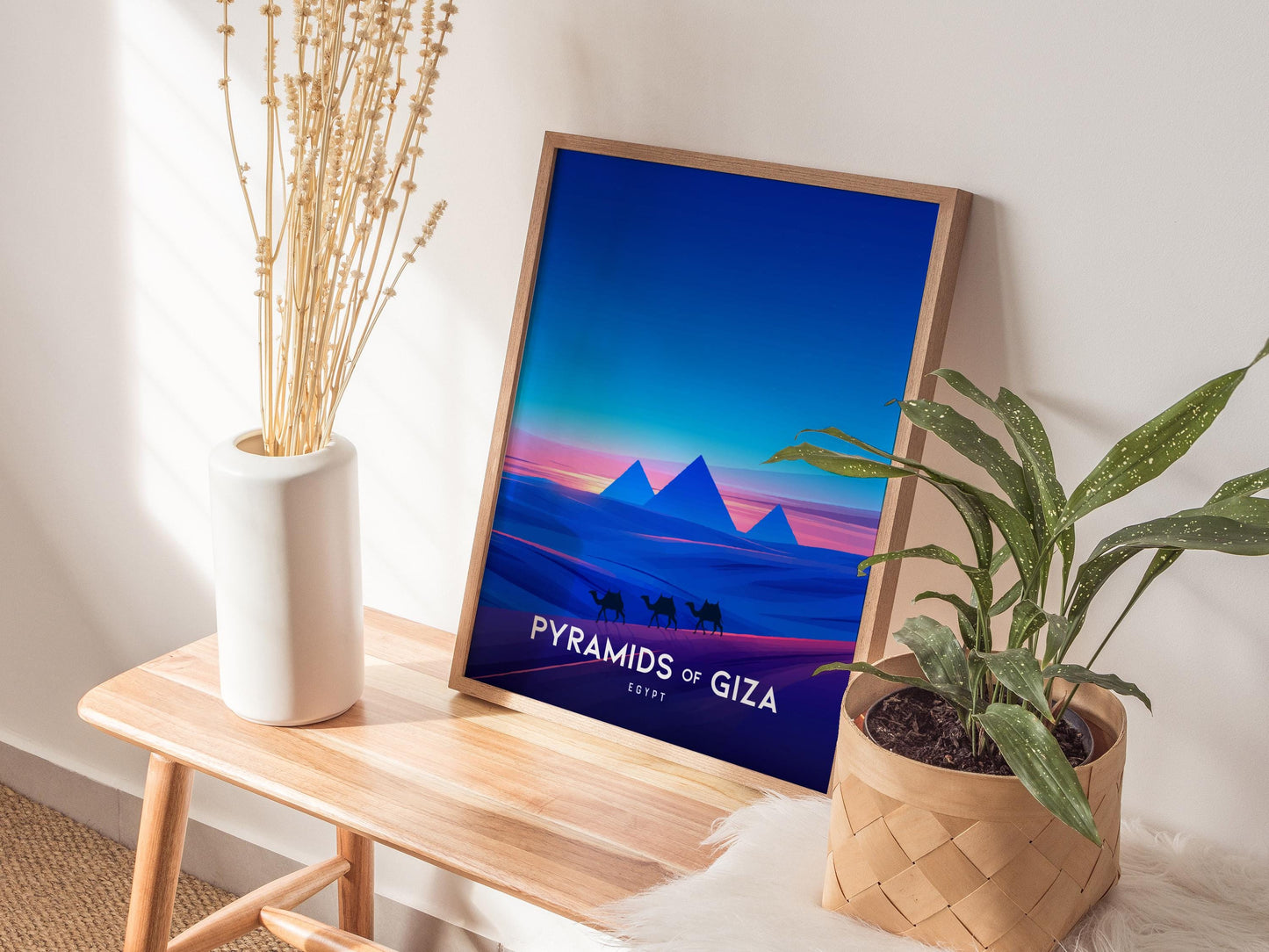 Pyramids of Giza Egypt World Wonders Camels at Dusk Framed Unframed Travel Print Wall Art