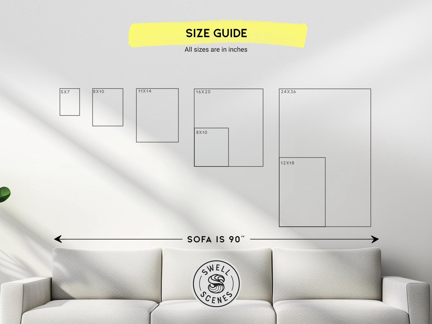 Size guide for wall art with a sofa measurement, featuring the brand 'Swell Scenes'.