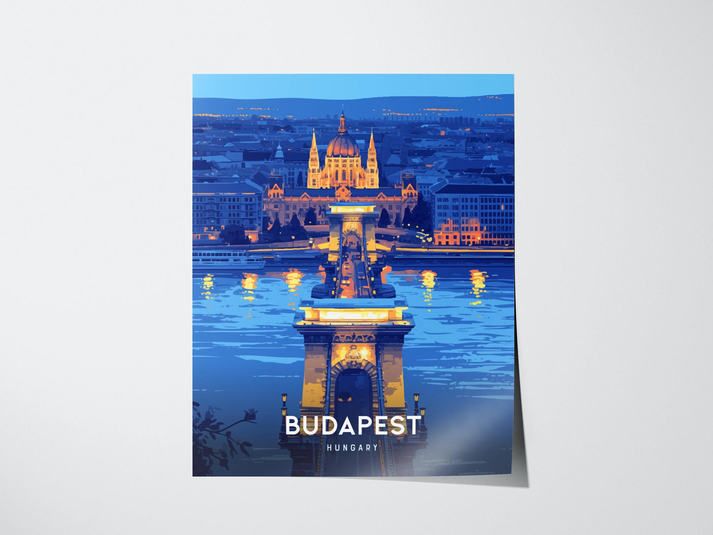 Budapest Chain Bridge Hungary Night Skyline Framed Unframed Travel Print Wall Art