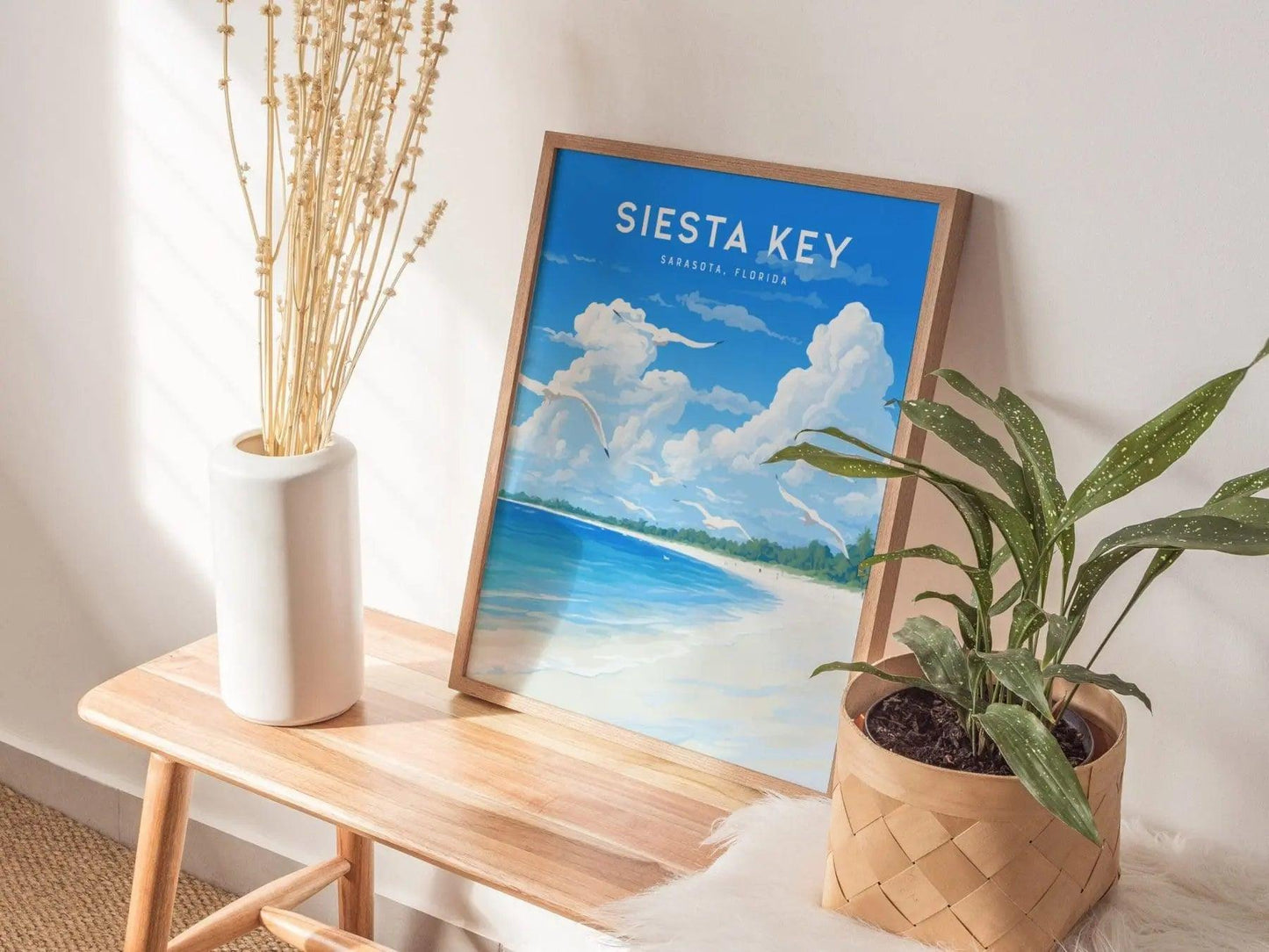 Siesta Key Beach, Sarasota, Florida - Wall Art Poster Design Travel Crescent Beach Seagulls Framed Print Island Life Gift Collection Set - Swell Scenes