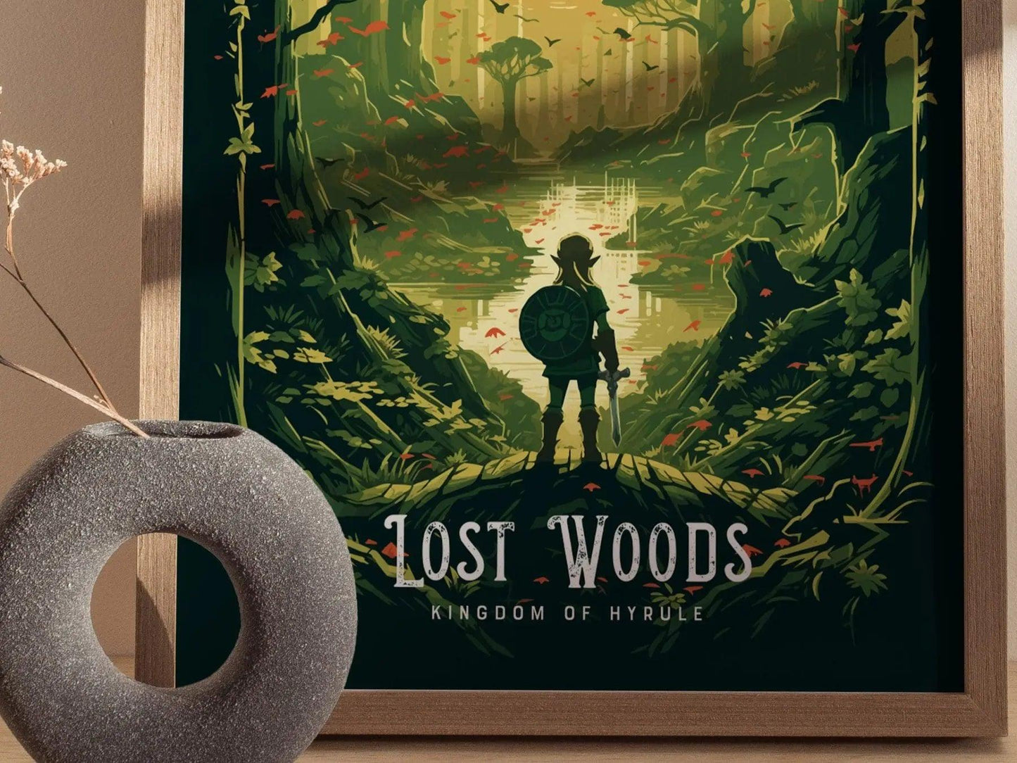 Close-up of matte art print featuring fantasy forest from Hyrule