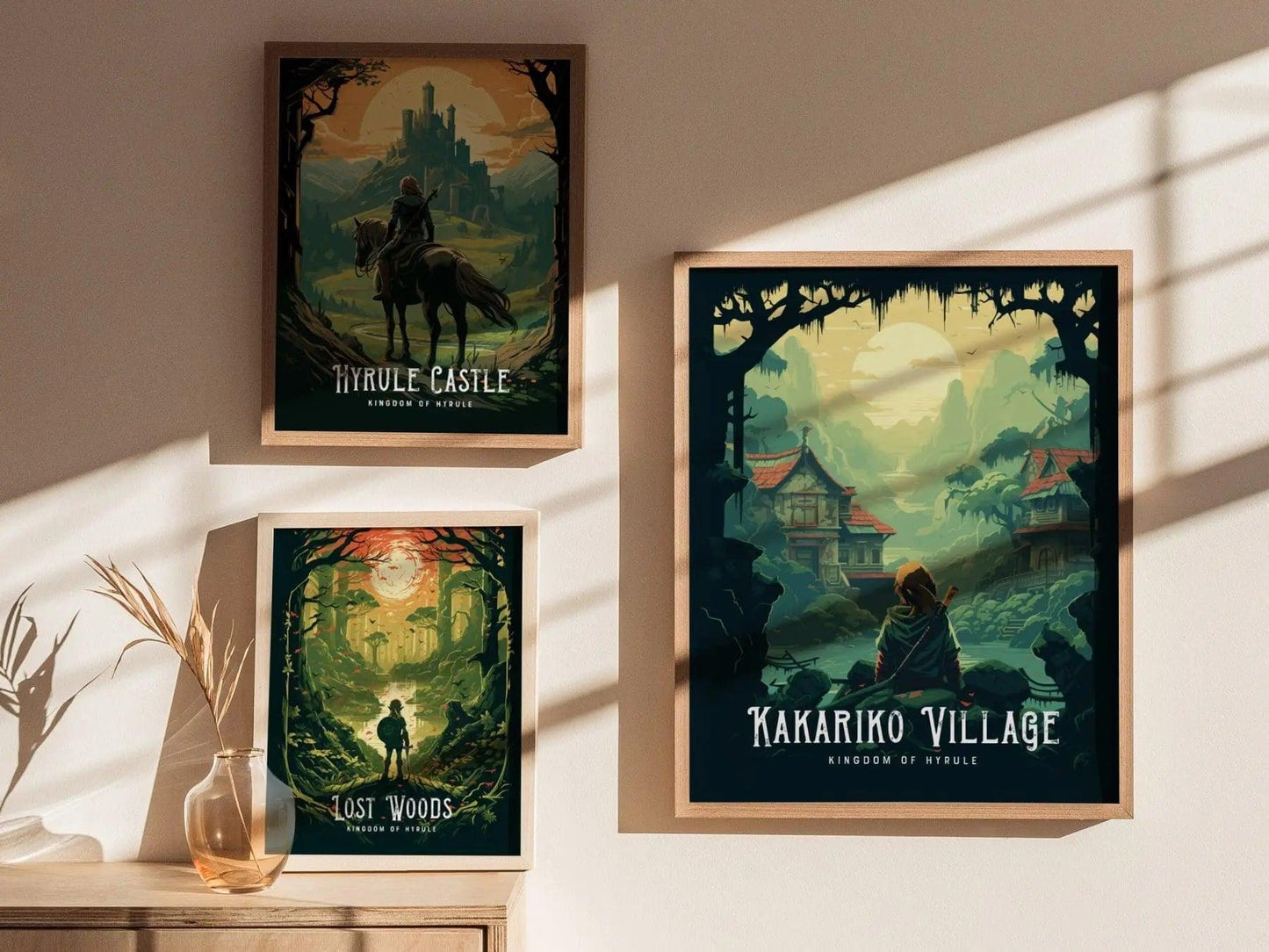 Kakariko Village Zelda print in white frame, displayed on minimalist interior wall