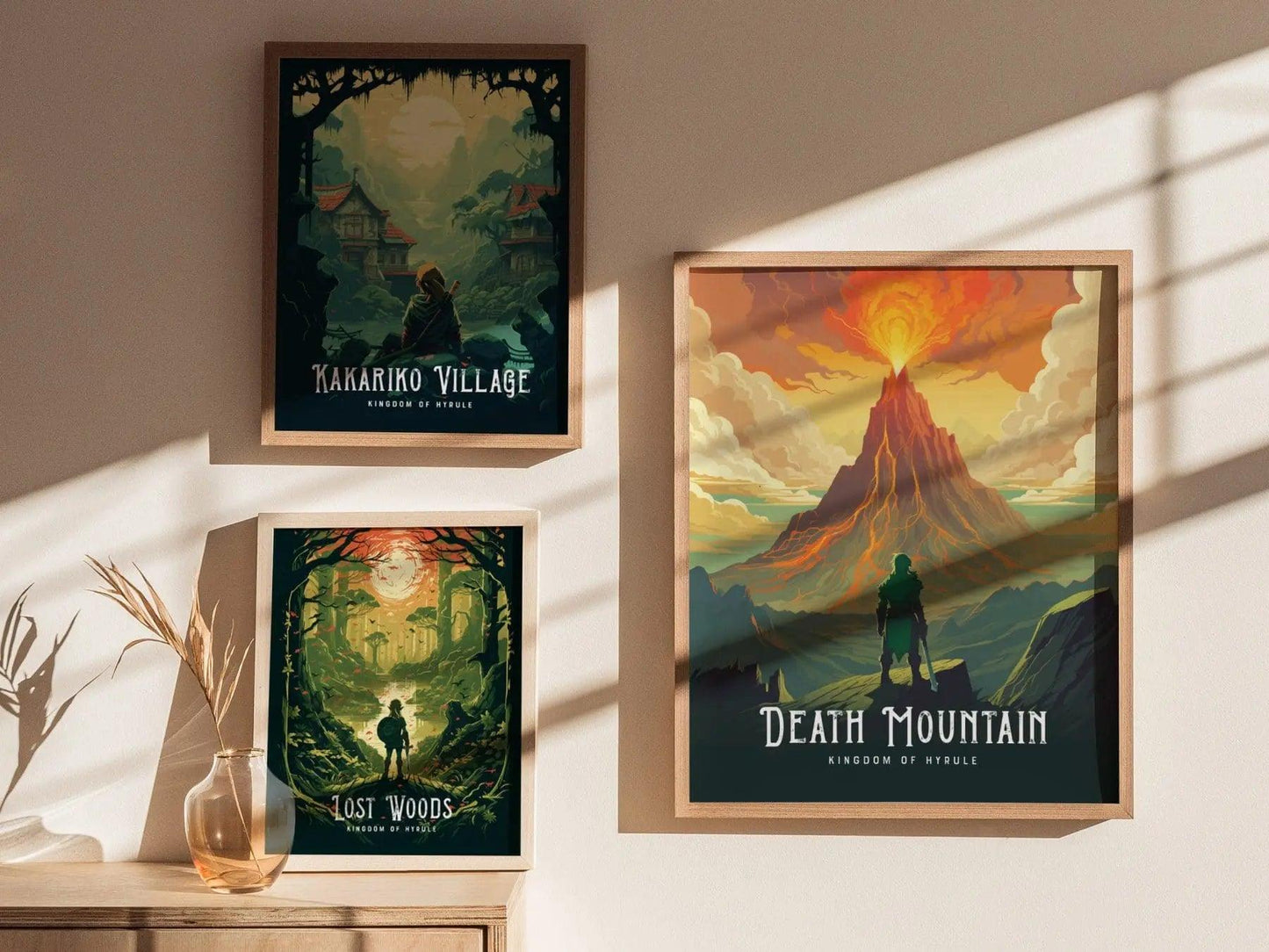 Zelda Death Mountain fan art poster framed with other Zelda prints on the wall