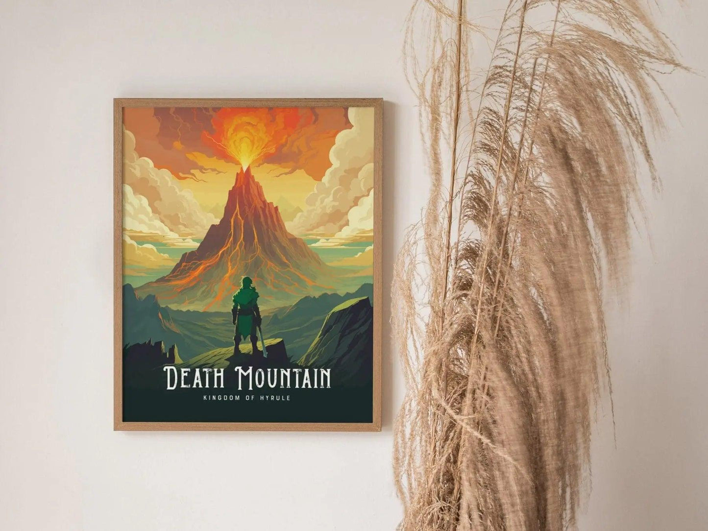 Framed fantasy landscape print displayed in gaming room setup