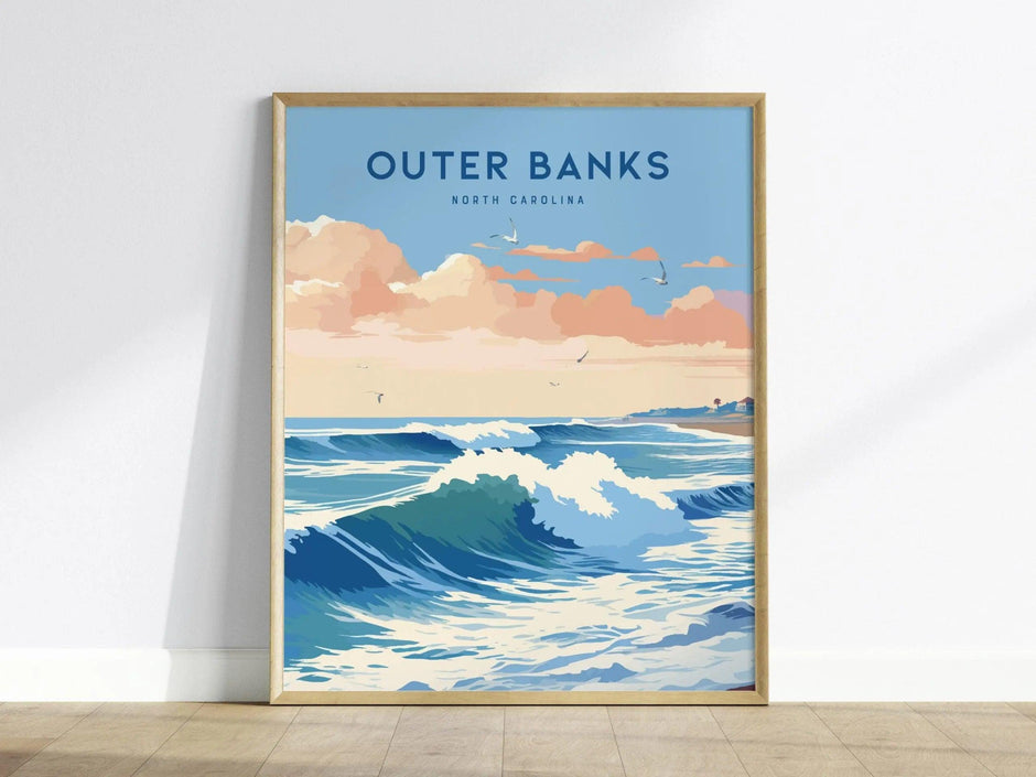 Outer Banks Surf Framed Wall Art | North Carolina Beach Poster Design | Cape Hatteras Surfing Unframed Print | Nags Head Nautical Home Decor - Swell Scenes