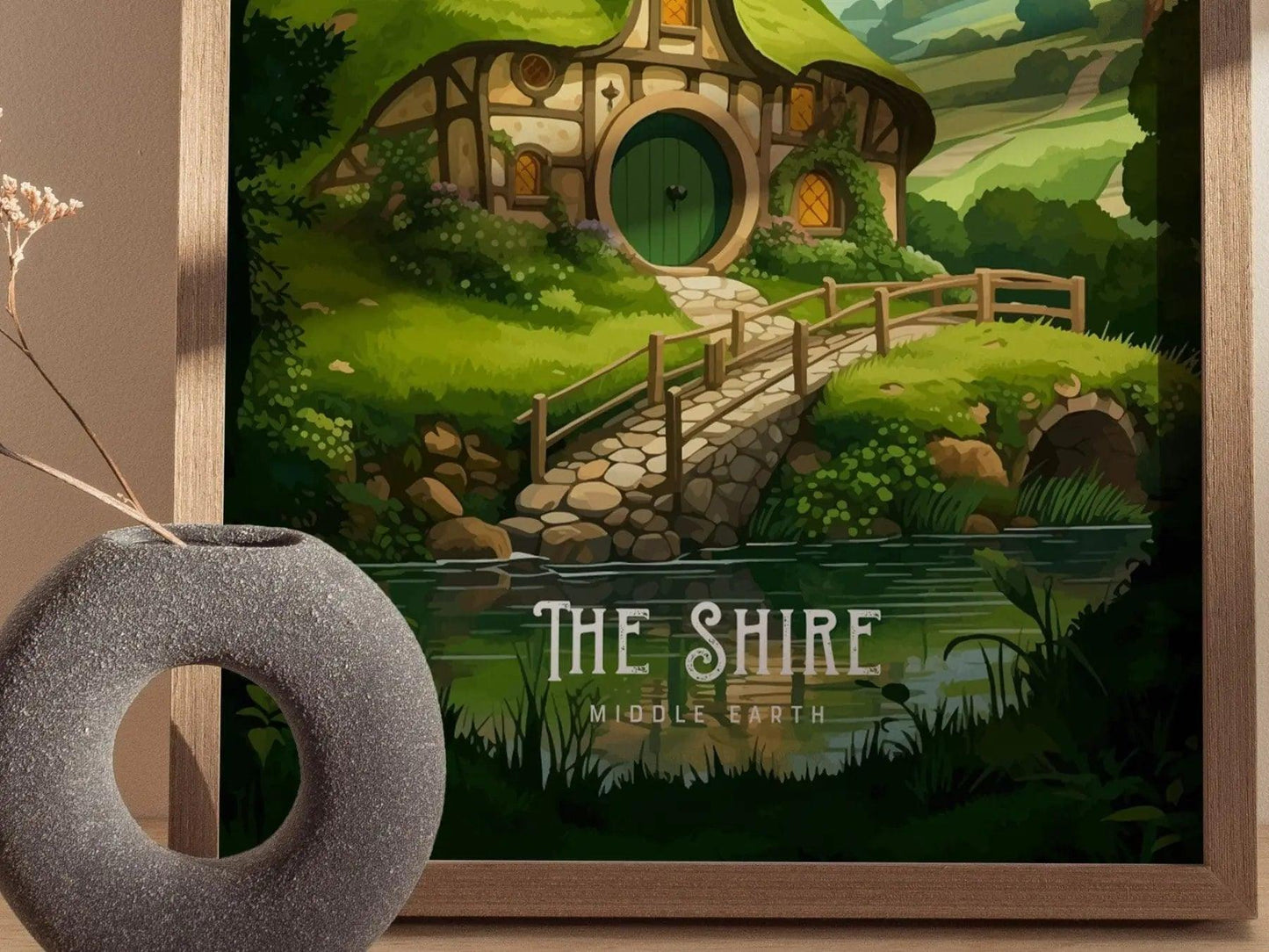 The Shire poster in wood frame featuring Middle Earth Hobbit hole with rolling green hills LOTR design