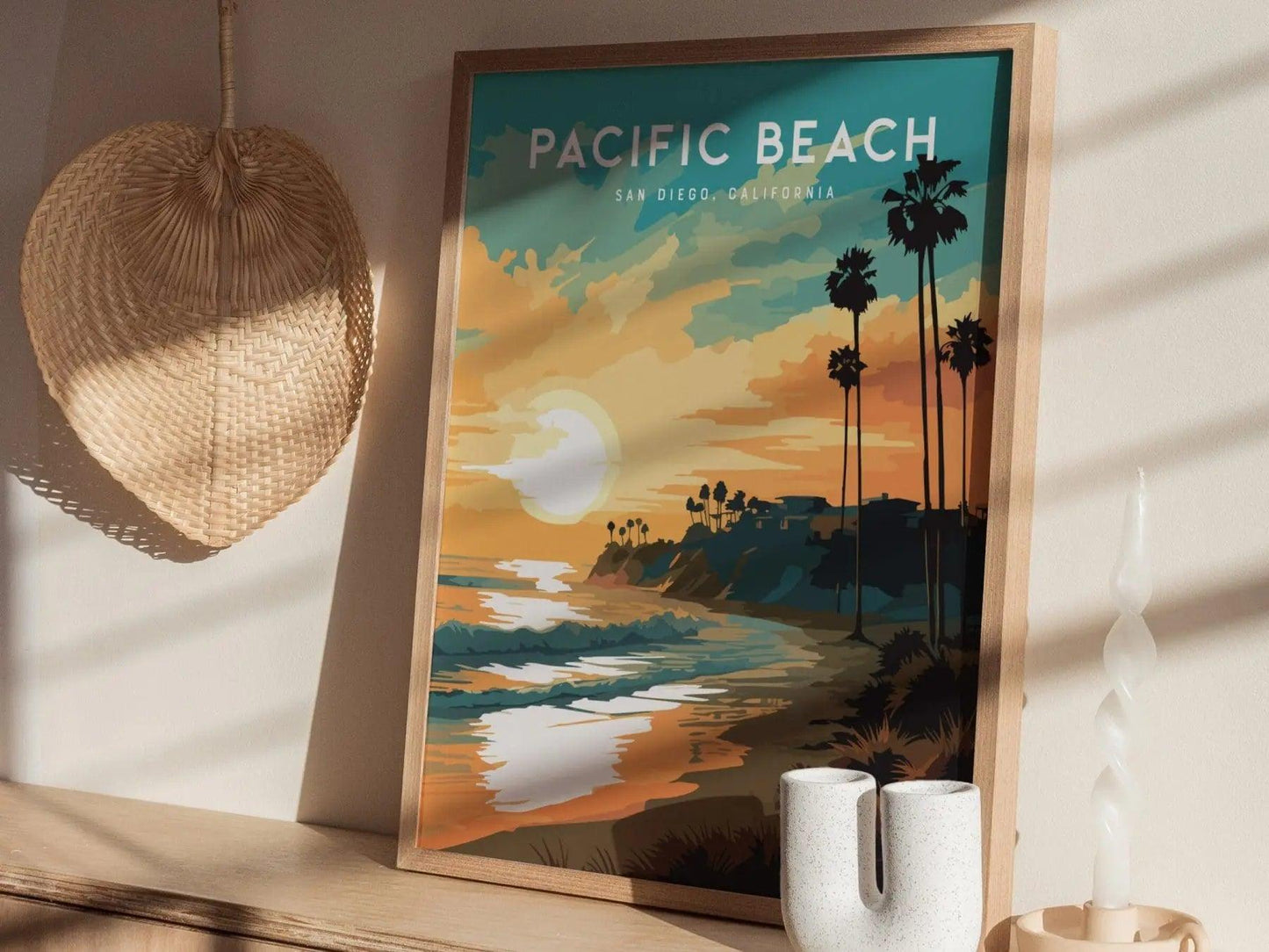 Pacific Beach San Diego Surf Framed Wall Art | Old Man's Tourmaline Poster Design | California Surfing Print | Surfer Home Decor Gift Set - Swell Scenes