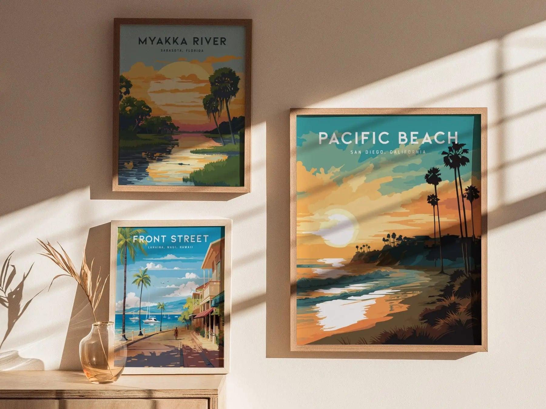 Pacific Beach San Diego Surf Framed Wall Art | Old Man's Tourmaline Poster Design | California Surfing Print | Surfer Home Decor Gift Set - Swell Scenes