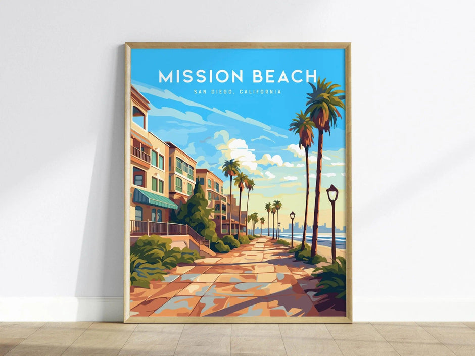 Mission Beach San Diego Framed Wall Art | Ocean Boardwalk Poster Design | California Belmont Park Print | Surfer Home Decor Gift Set - Swell Scenes
