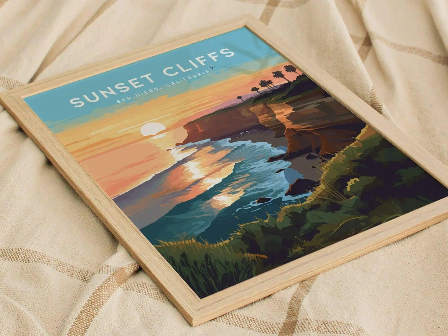 Sunset Cliffs San Diego Surf Framed Wall Art | Point Loma Poster Design | California Surfing Print | Surfer Home Decor Gift Set Collection - Swell Scenes