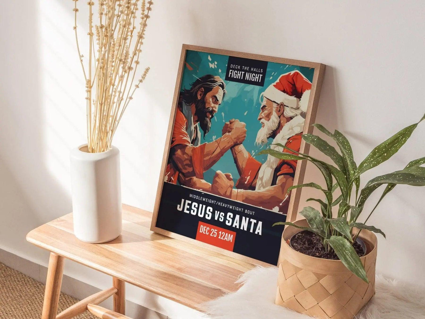 Jesus VS Santa Christmas Framed Wall Art | Xmas Fight Night Poster Design Christ Claus Postcard Print UFC Wrestling Boxing Fan Gift Decor - Swell Scenes