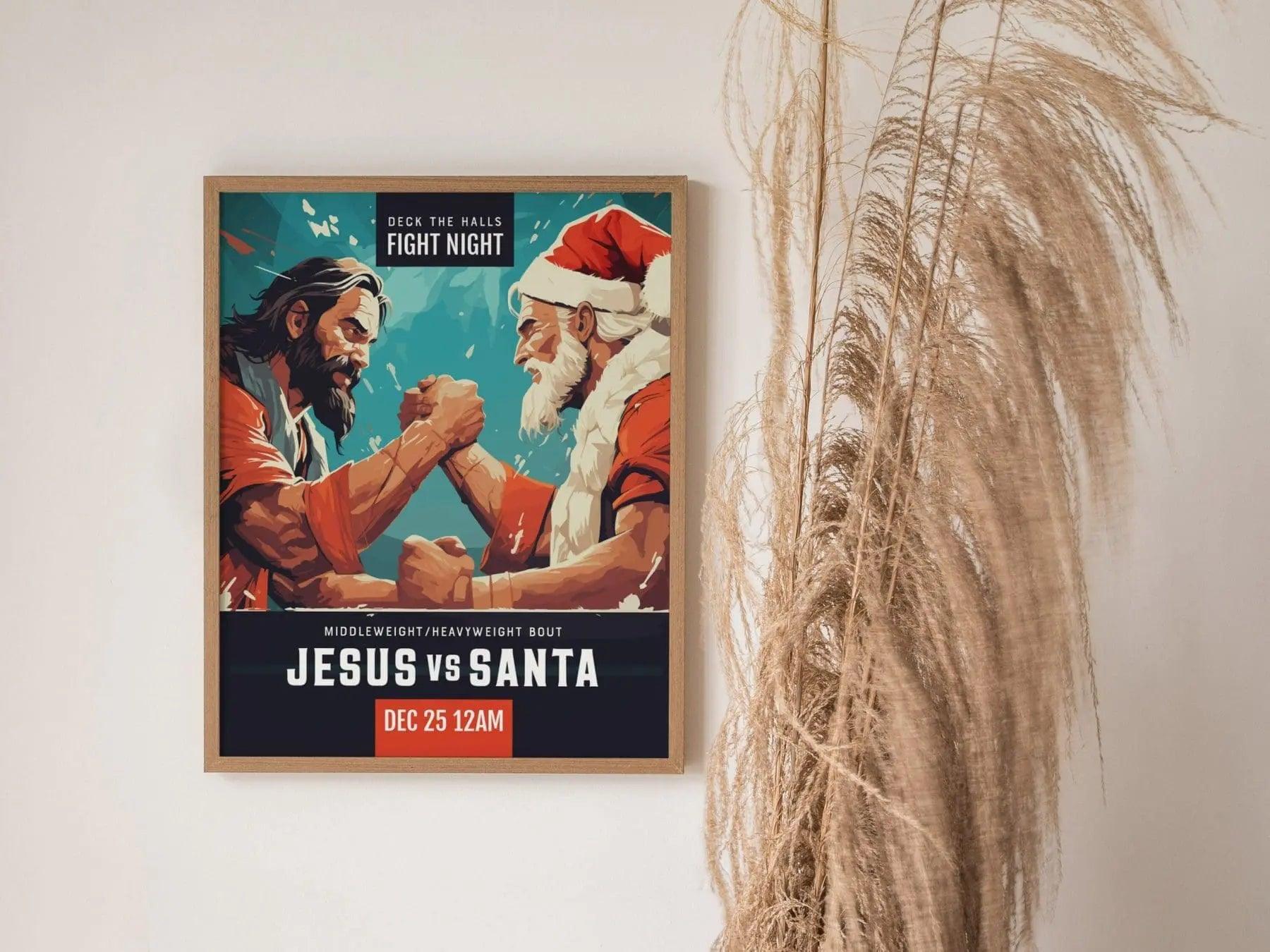 Jesus VS Santa Christmas Framed Wall Art | Xmas Fight Night Poster Design Christ Claus Postcard Print UFC Wrestling Boxing Fan Gift Decor - Swell Scenes
