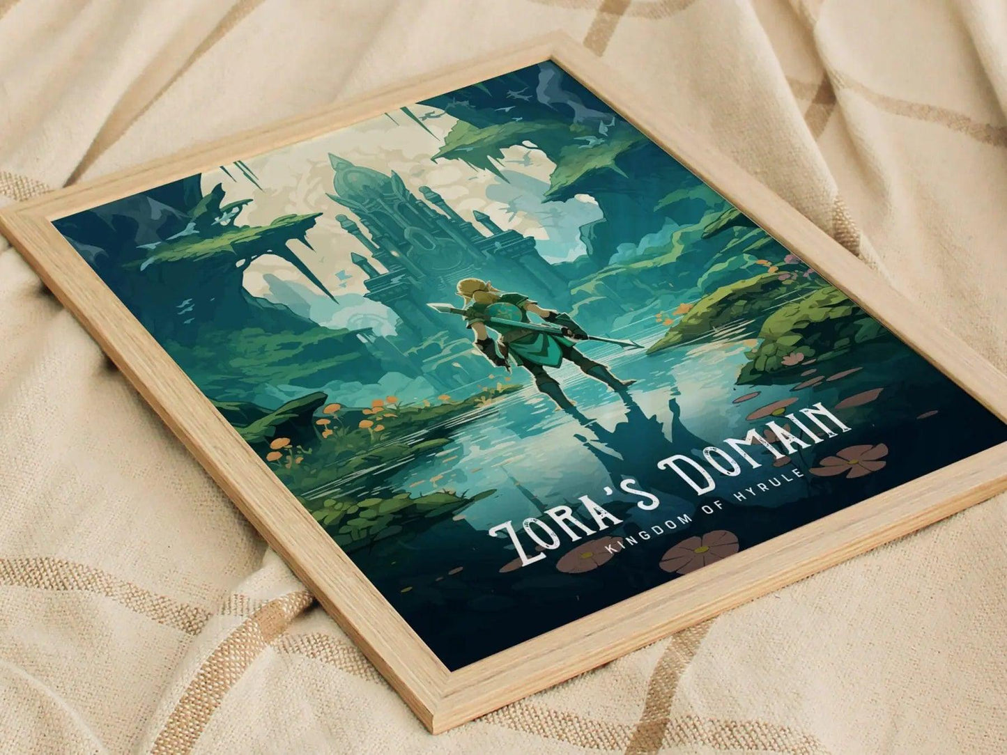 Zora’s Domain artwork in natural wood frame with blue fantasy tones
