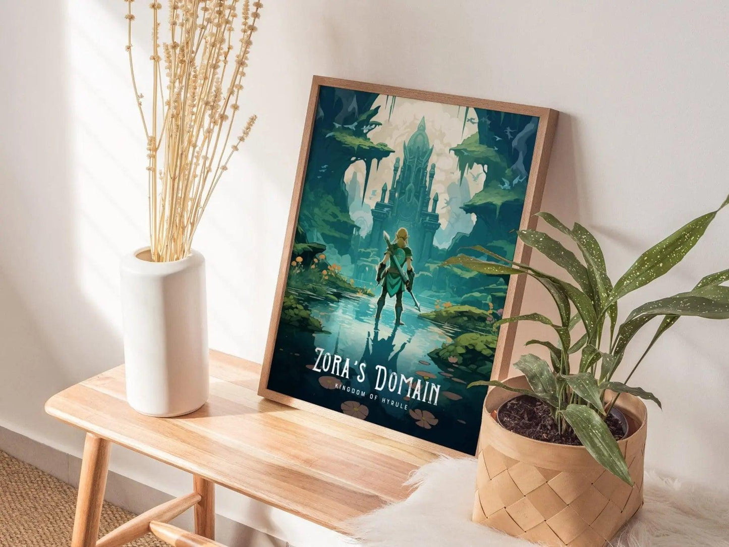 Zora’s Domain artwork in natural wood frame with blue fantasy tones