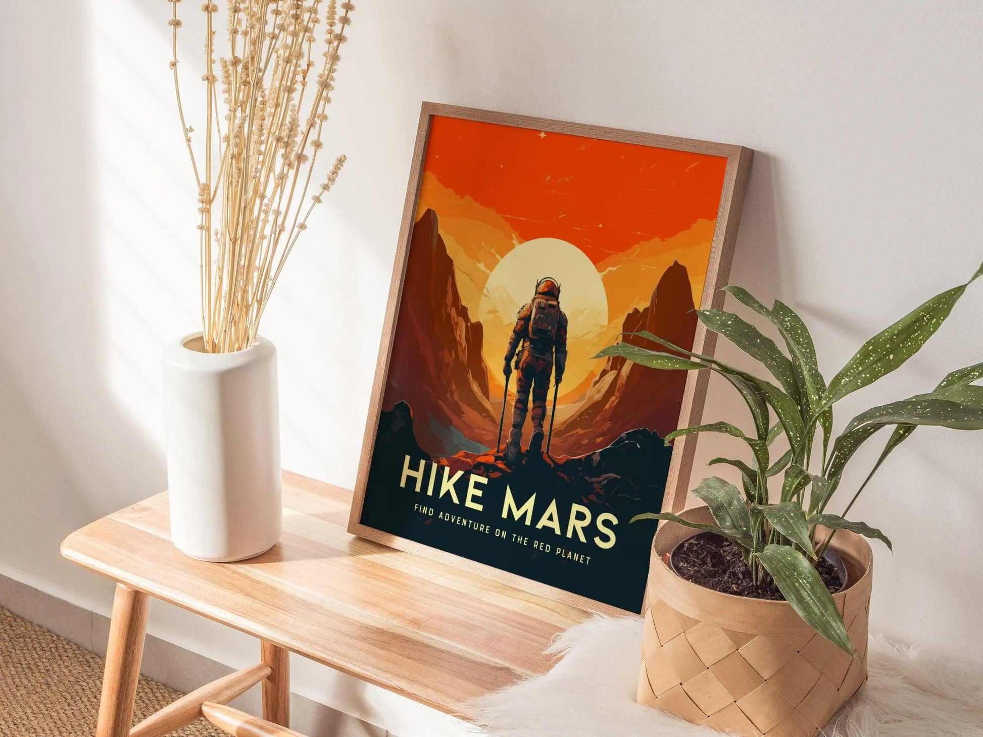 Mars Hike Framed Wall Art | Space Exploration Poster Design | Red Planet Hiking Unframed Print | Astronomer Hiker Gamer Sci-Fi Home Decor - Swell Scenes