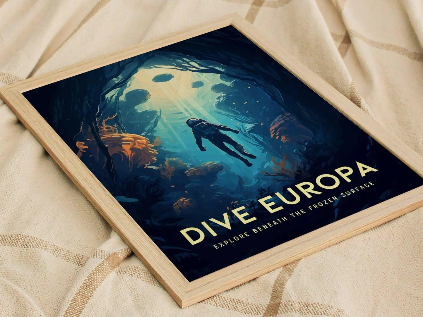 Dive Europa Framed Wall Art | Space Exploration Poster Design Jupiter Diving Unframed Print Diver Astronomy Kids Sci-Fi Home Decor Gift Idea - Swell Scenes