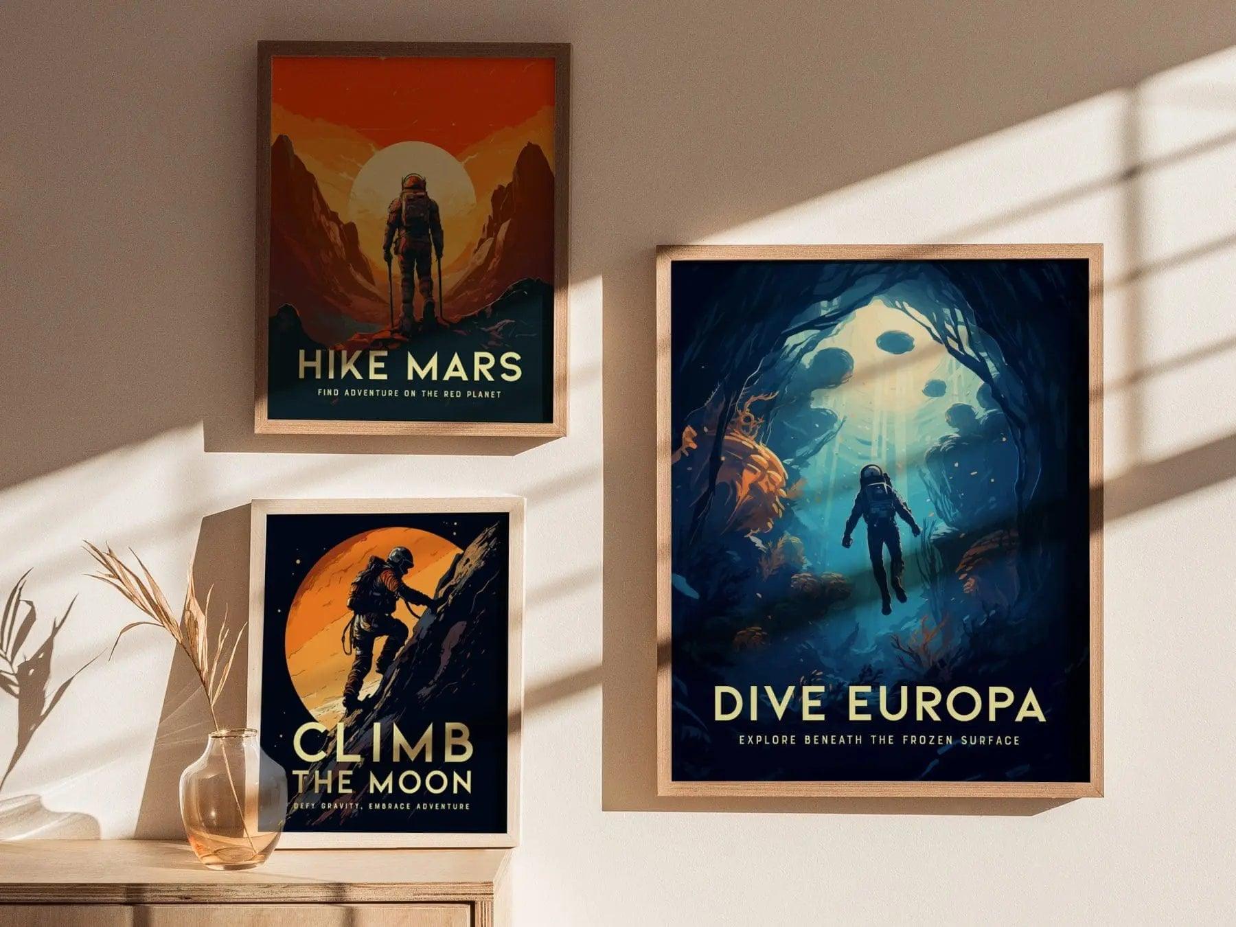 Dive Europa Framed Wall Art | Space Exploration Poster Design Jupiter Diving Unframed Print Diver Astronomy Kids Sci-Fi Home Decor Gift Idea - Swell Scenes