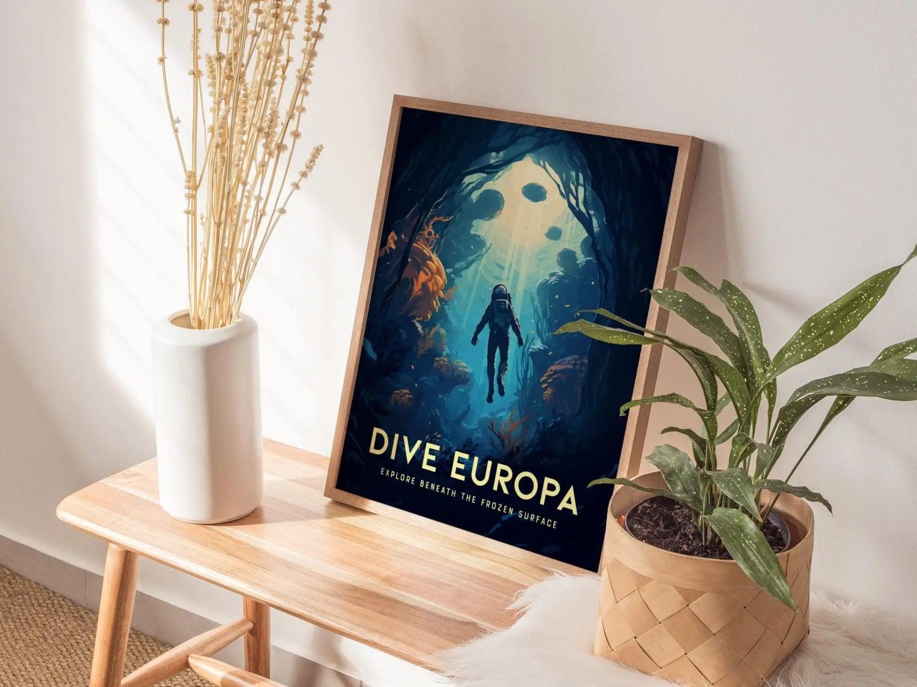 Dive Europa Framed Wall Art | Space Exploration Poster Design Jupiter Diving Unframed Print Diver Astronomy Kids Sci-Fi Home Decor Gift Idea - Swell Scenes