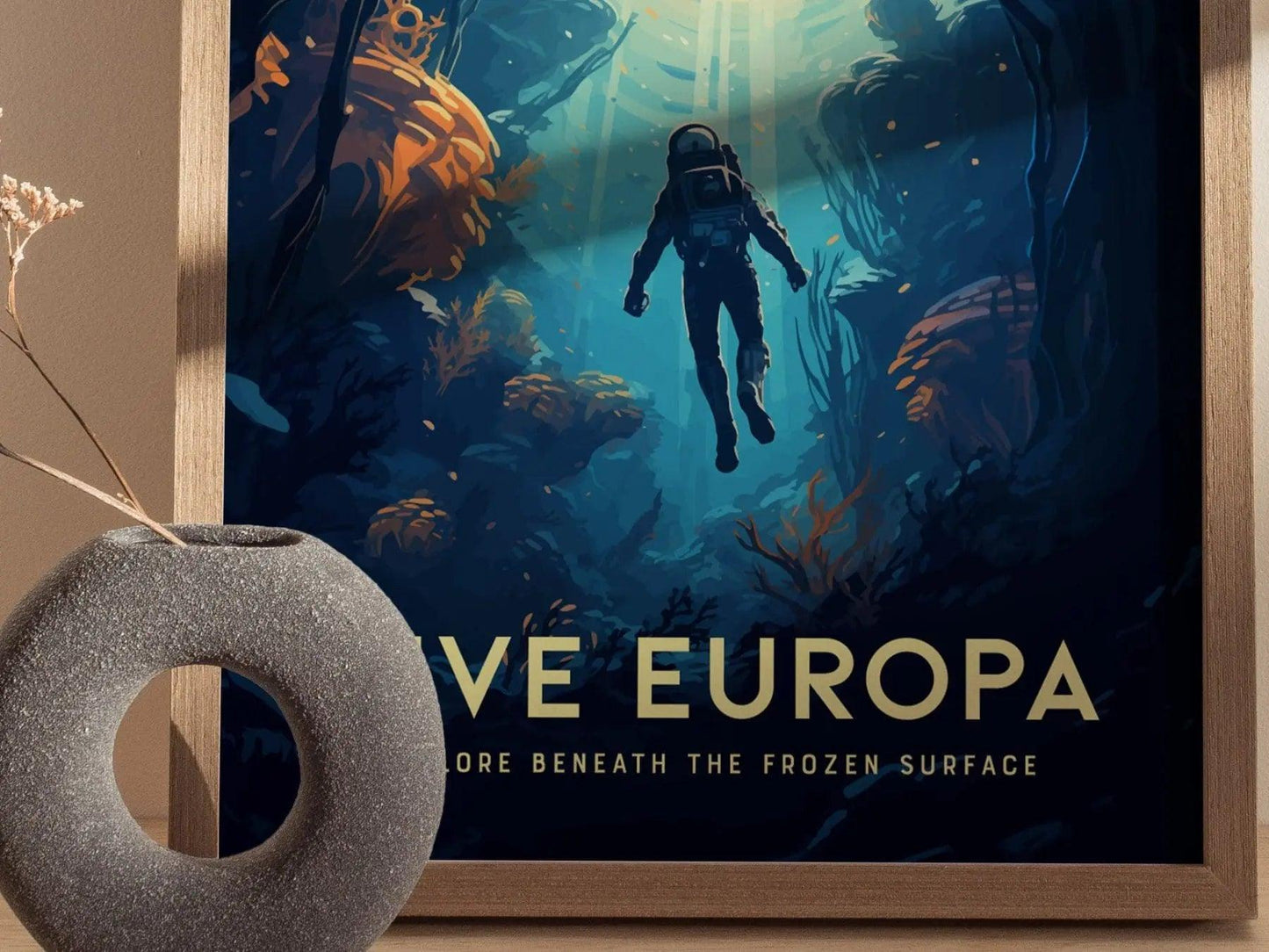 Dive Europa Framed Wall Art | Space Exploration Poster Design Jupiter Diving Unframed Print Diver Astronomy Kids Sci-Fi Home Decor Gift Idea - Swell Scenes
