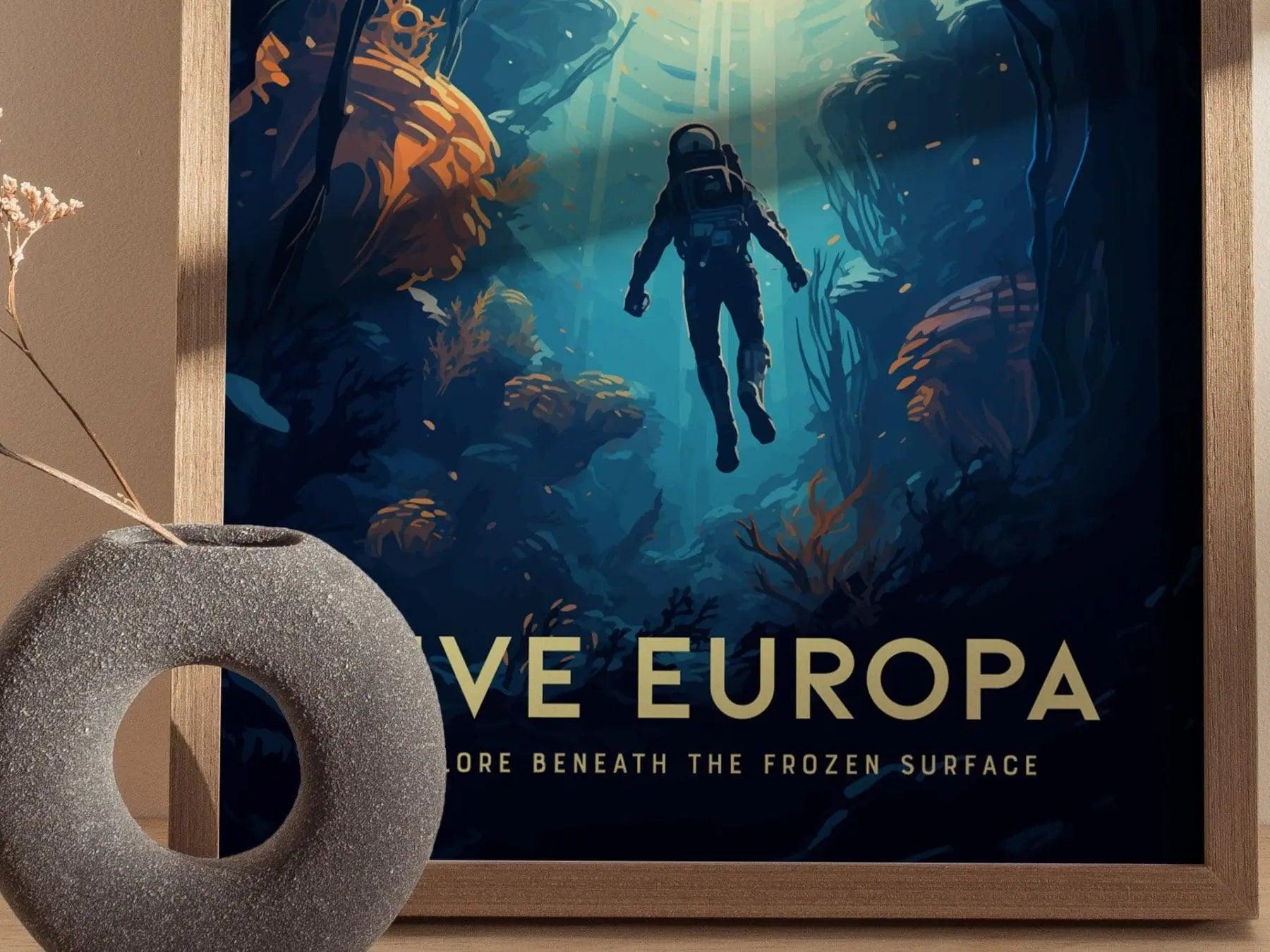 Dive Europa Framed Wall Art | Space Exploration Poster Design Jupiter Diving Unframed Print Diver Astronomy Kids Sci-Fi Home Decor Gift Idea - Swell Scenes