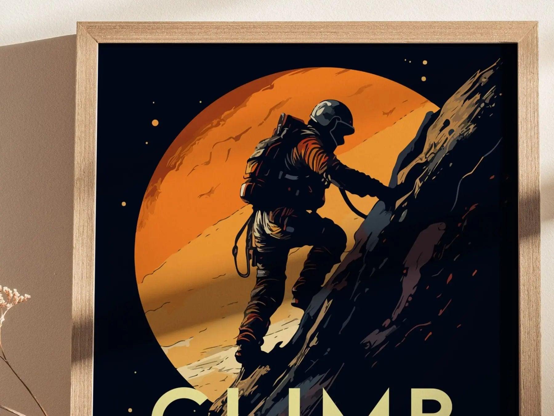 Rock Climb Moon Crater Framed Wall Art | Space Adventure Poster Design Climber Unframed Print Climbing Kids Room Sci-Fi Home Decor Gift Idea - Swell Scenes