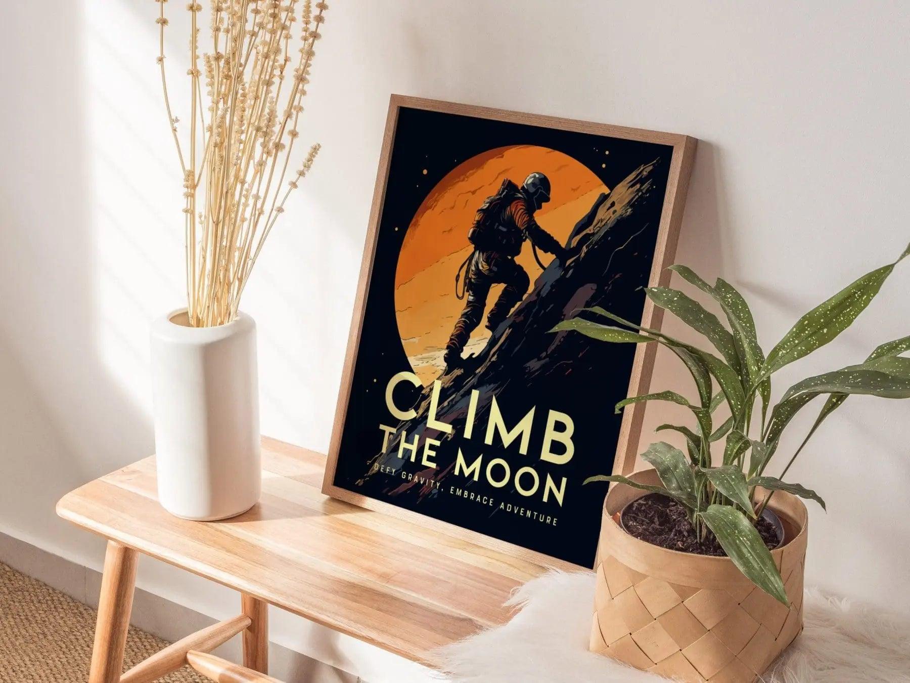 Rock Climb Moon Crater Framed Wall Art | Space Adventure Poster Design Climber Unframed Print Climbing Kids Room Sci-Fi Home Decor Gift Idea - Swell Scenes