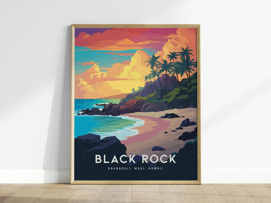 Black Rock, Kaanapali, Maui, Hawaii - Wall Art Poster Design Travel Beach Ocean Tropical Hawaiian Lahaina Print Gift - Swell Scenes