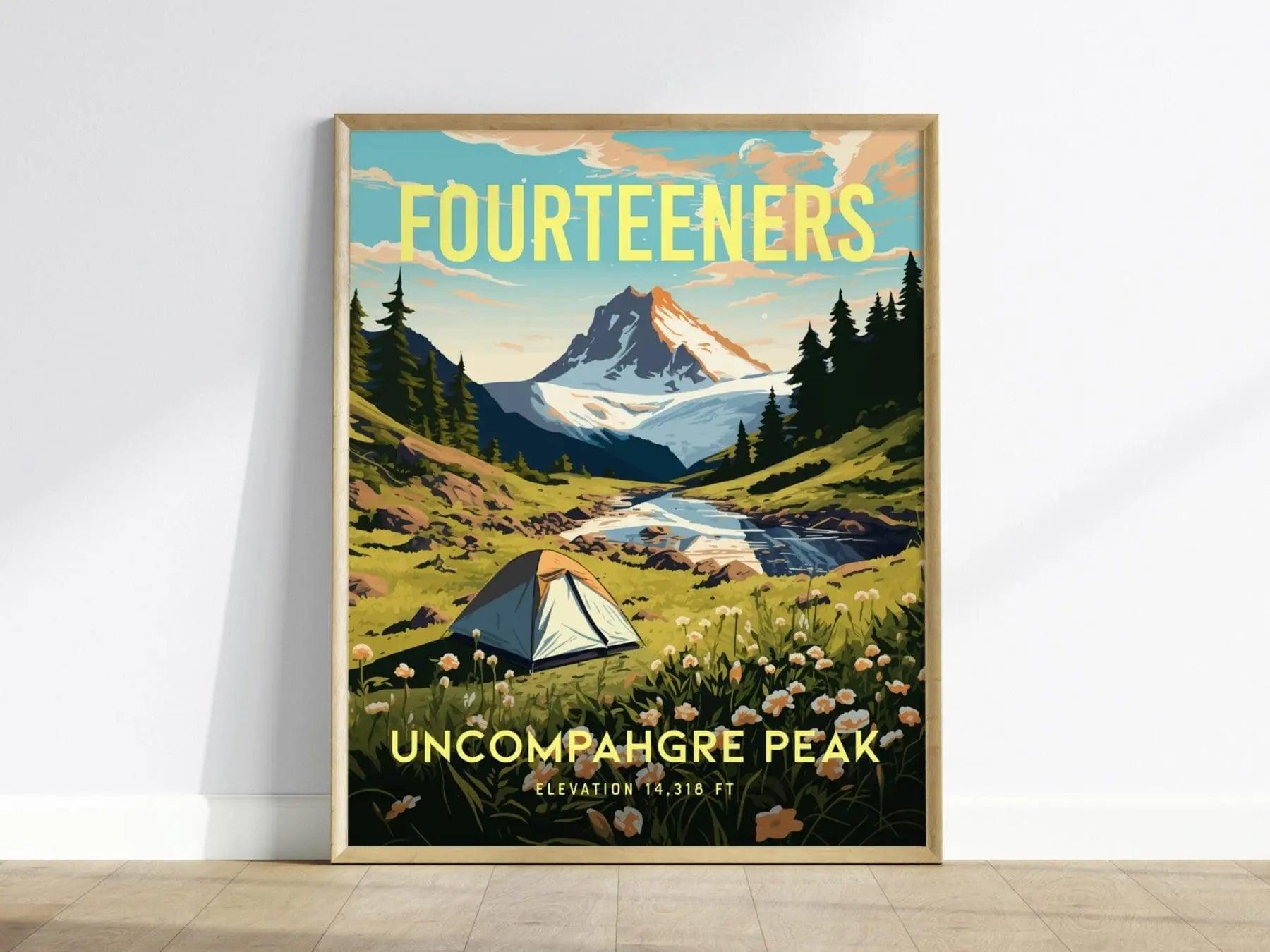 Uncompahgre Peak Colorado fourteener poster featuring 14er San Juan Mountains with wildflowers and alpine camping