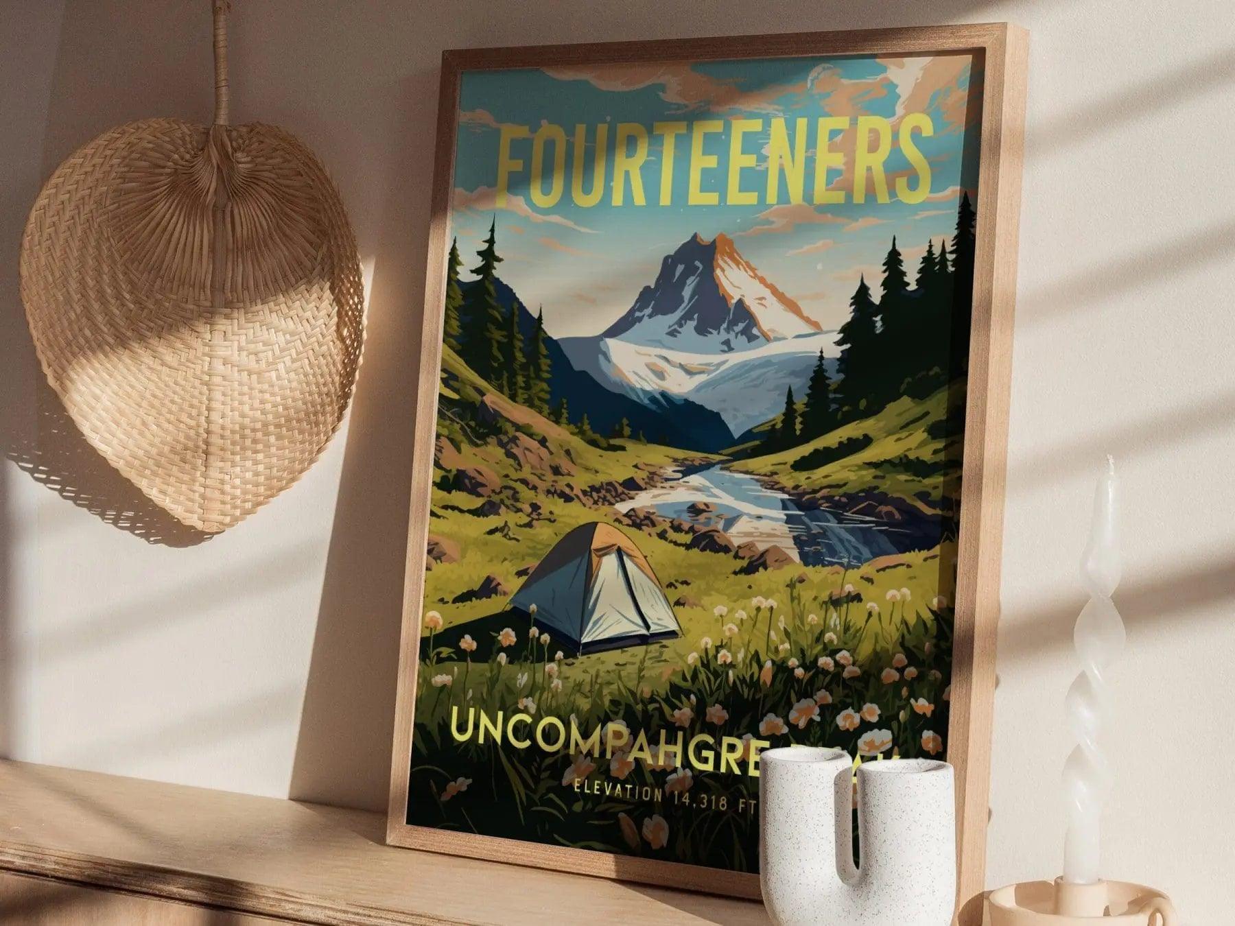 Natural wood framed Uncompahgre Peak poster showing Colorado 14er San Juan Mountains fourteener summit