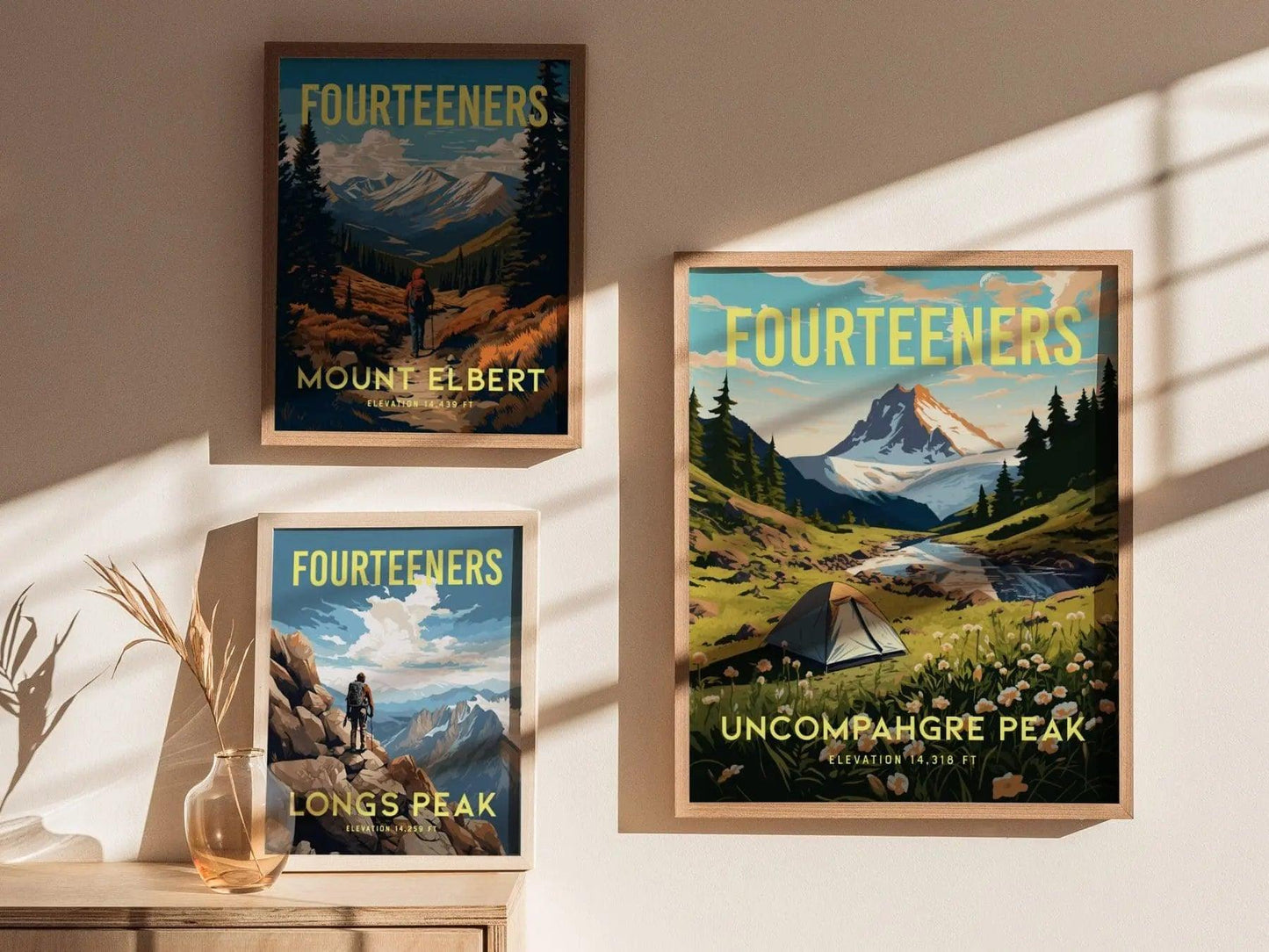 Uncompahgre Peak fourteener wall art displayed in home with Colorado 14er San Juan Mountains wildflower landscape