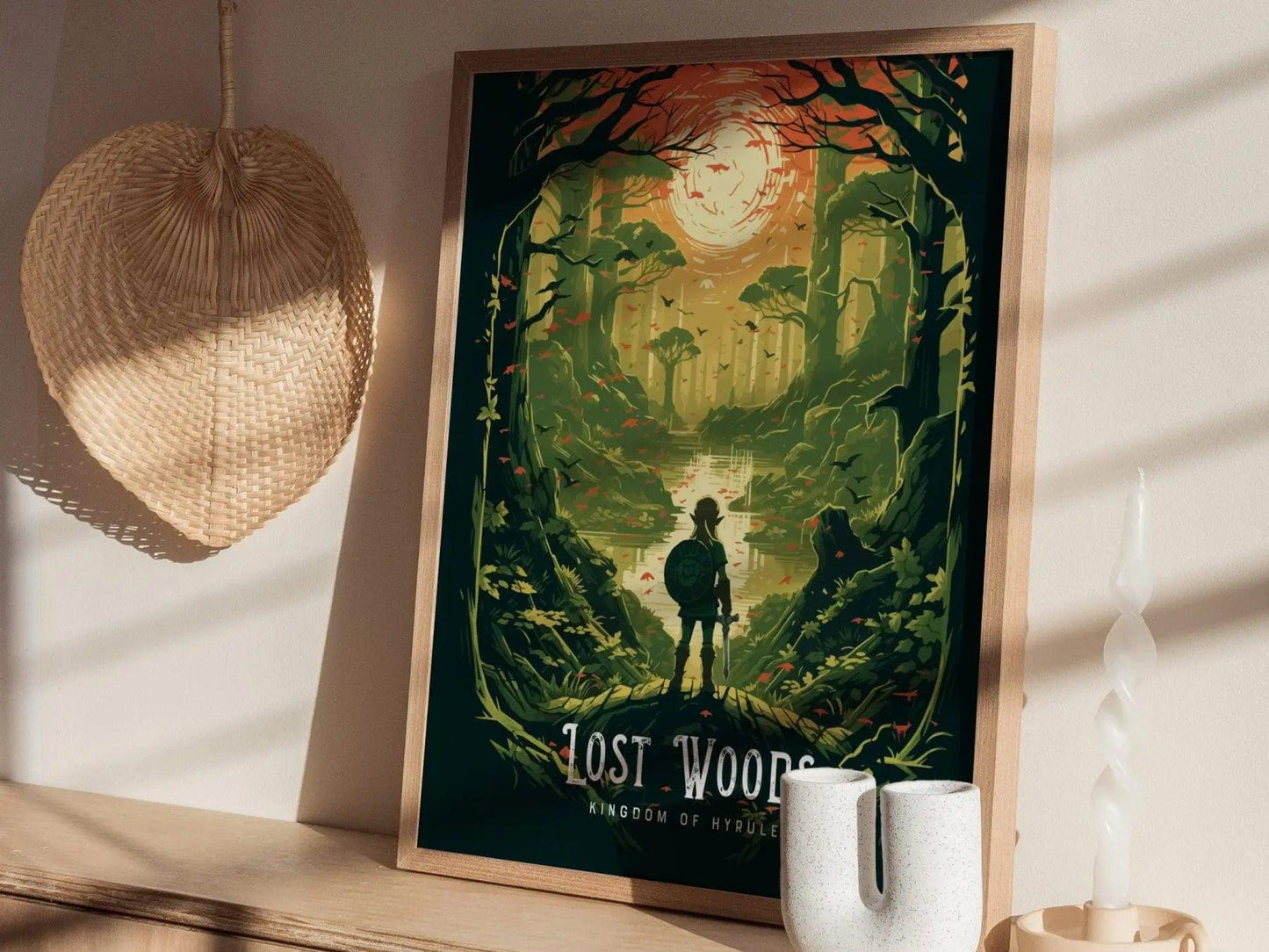 Zelda artwork in natural wood frame with glowing green and blue tones