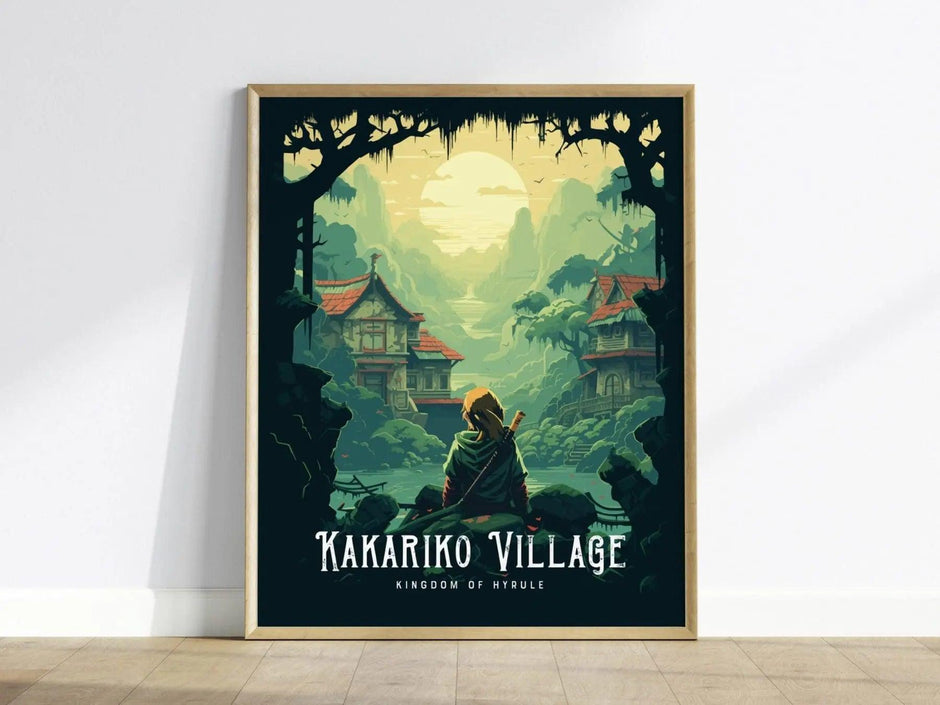 Framed fantasy art print inspired by Kakariko Village from Breath of the Wild