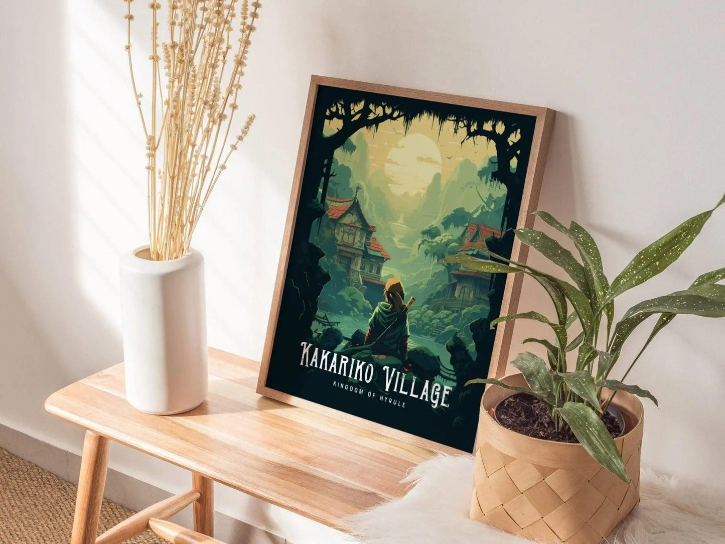 Hyrule-themed poster with scenic mountains, red-roofed houses, and forest shadows