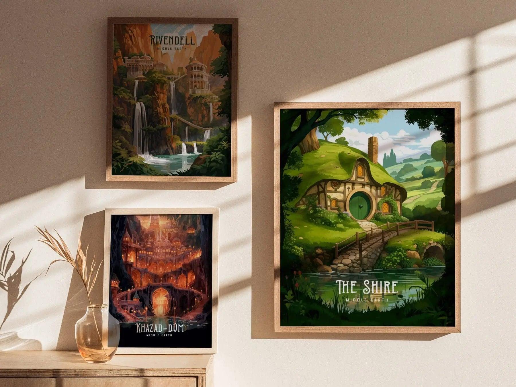 The Shire wall art displayed in reading nook with Lord of the Rings Hobbiton landscape fantasy decor